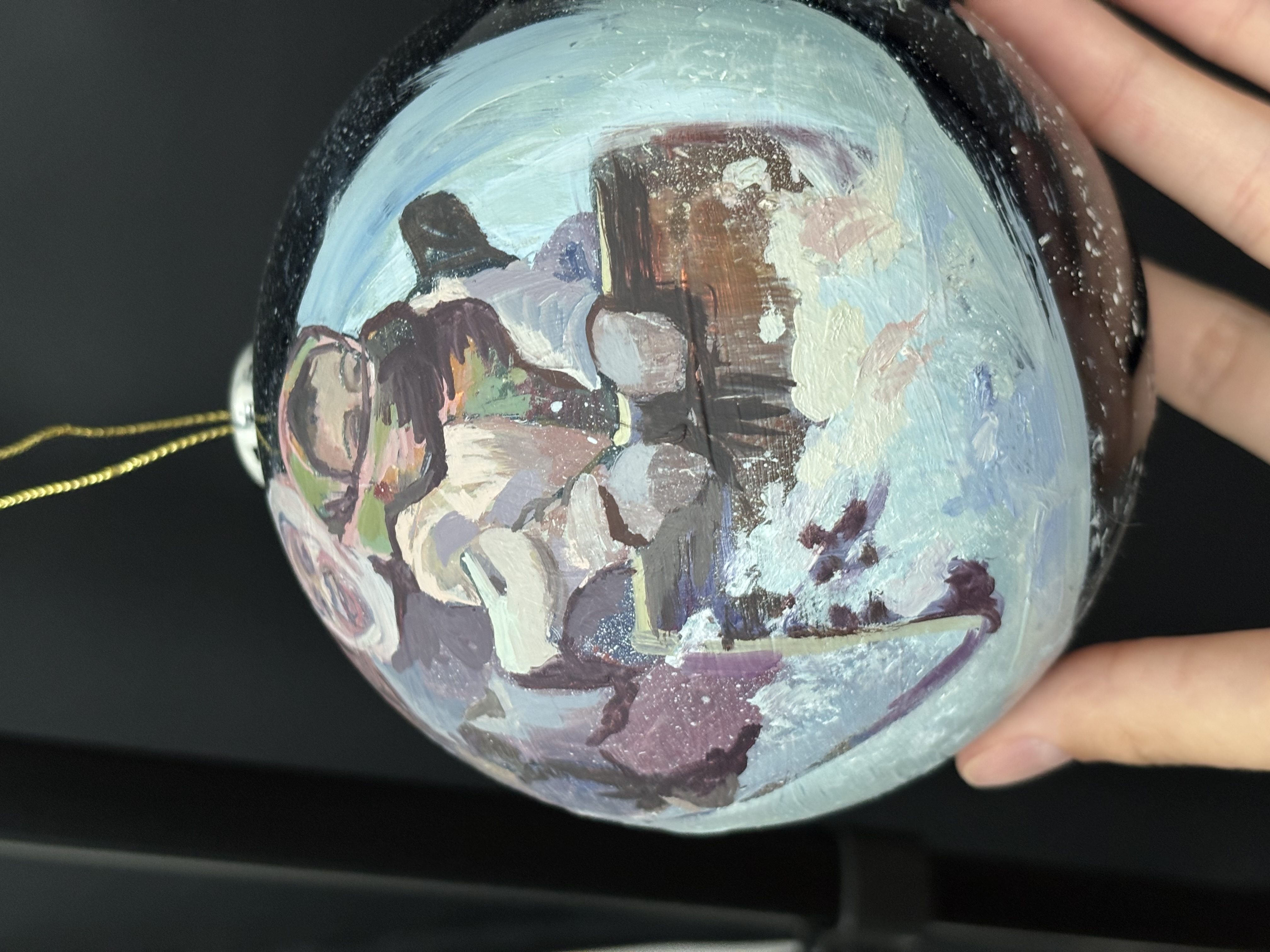 Hand-Painted Christmas Ornament — Children Sledding at Night (Original Oil, 4")