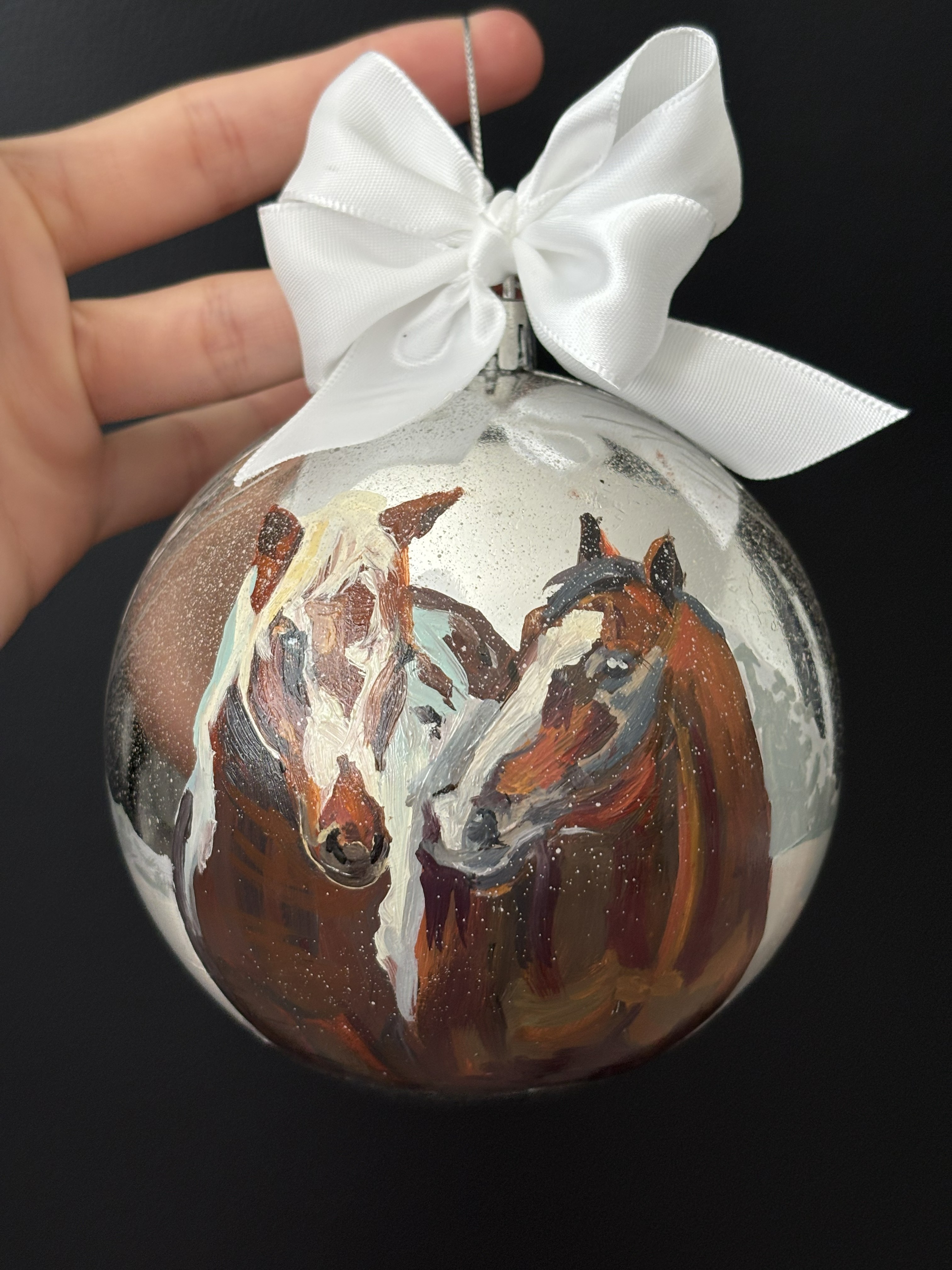 Hand-Painted Christmas Ornament — Winter Horses (Original Oil)