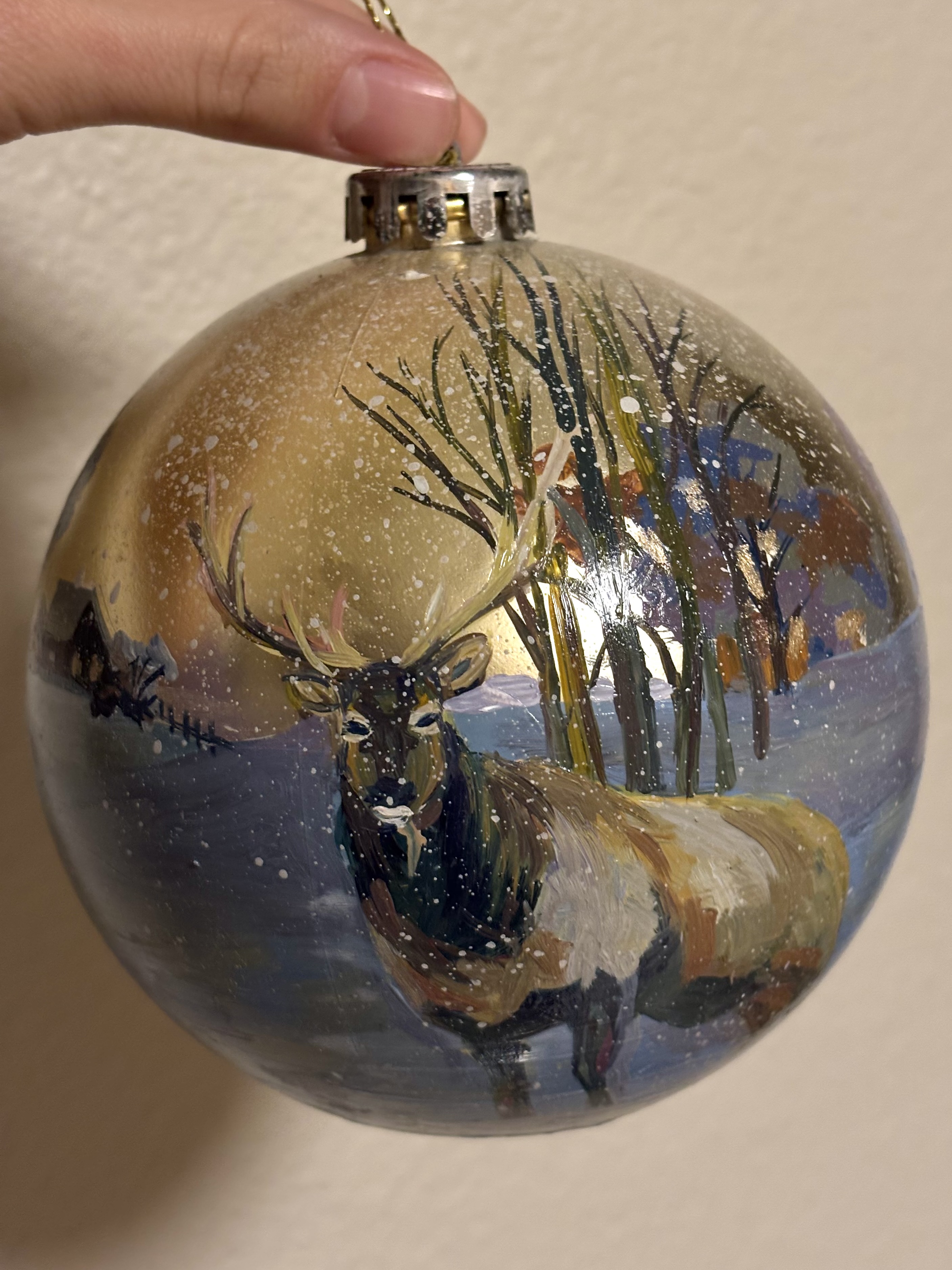 Hand-Painted Christmas Ornament — Winter Forest & Elk (Original Oil, 4")