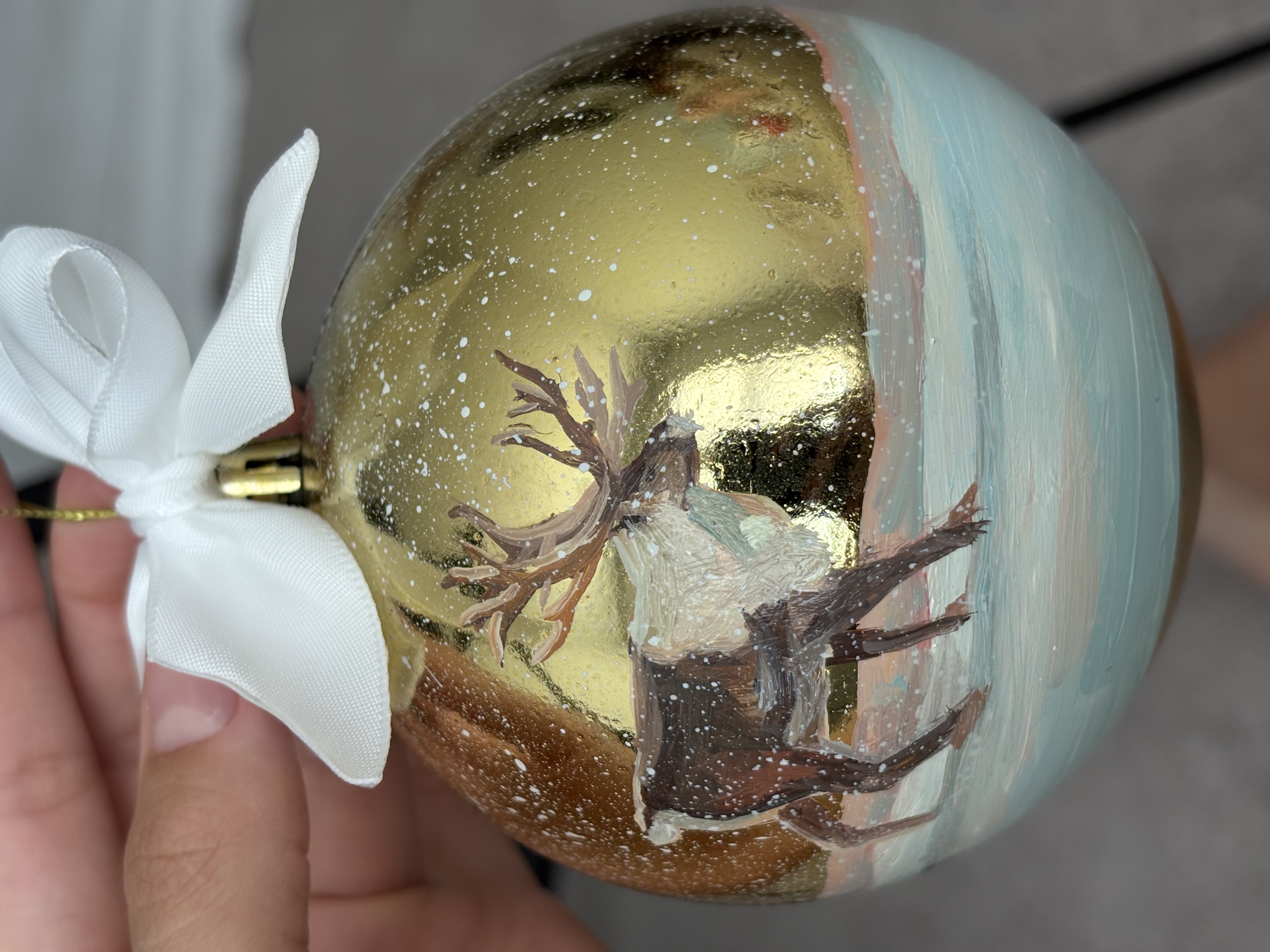 Hand-Painted Christmas Ornament — Reindeer in Fresh Snow (Original Oil)