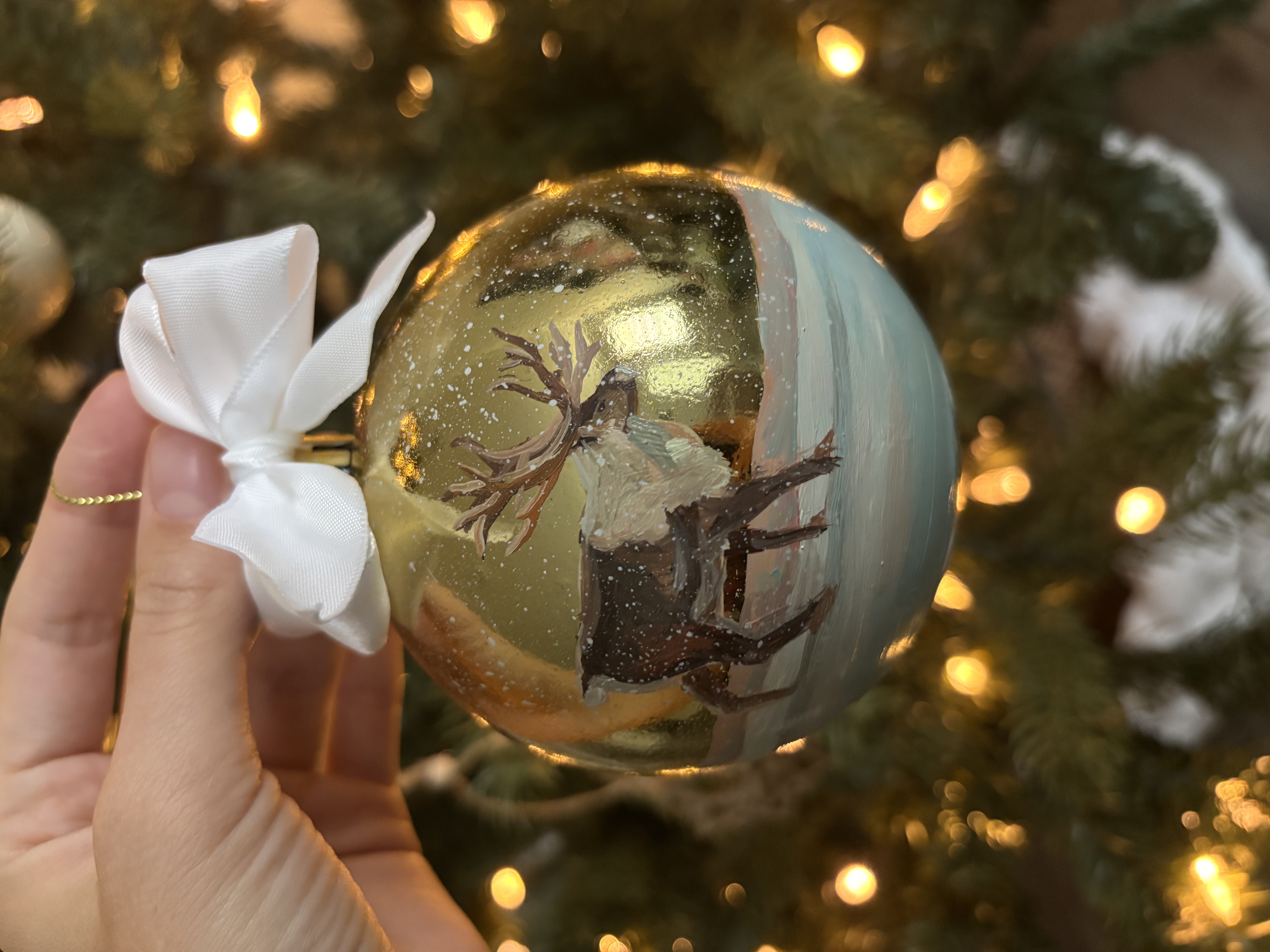 Hand-Painted Christmas Ornament — Reindeer in Fresh Snow (Original Oil)