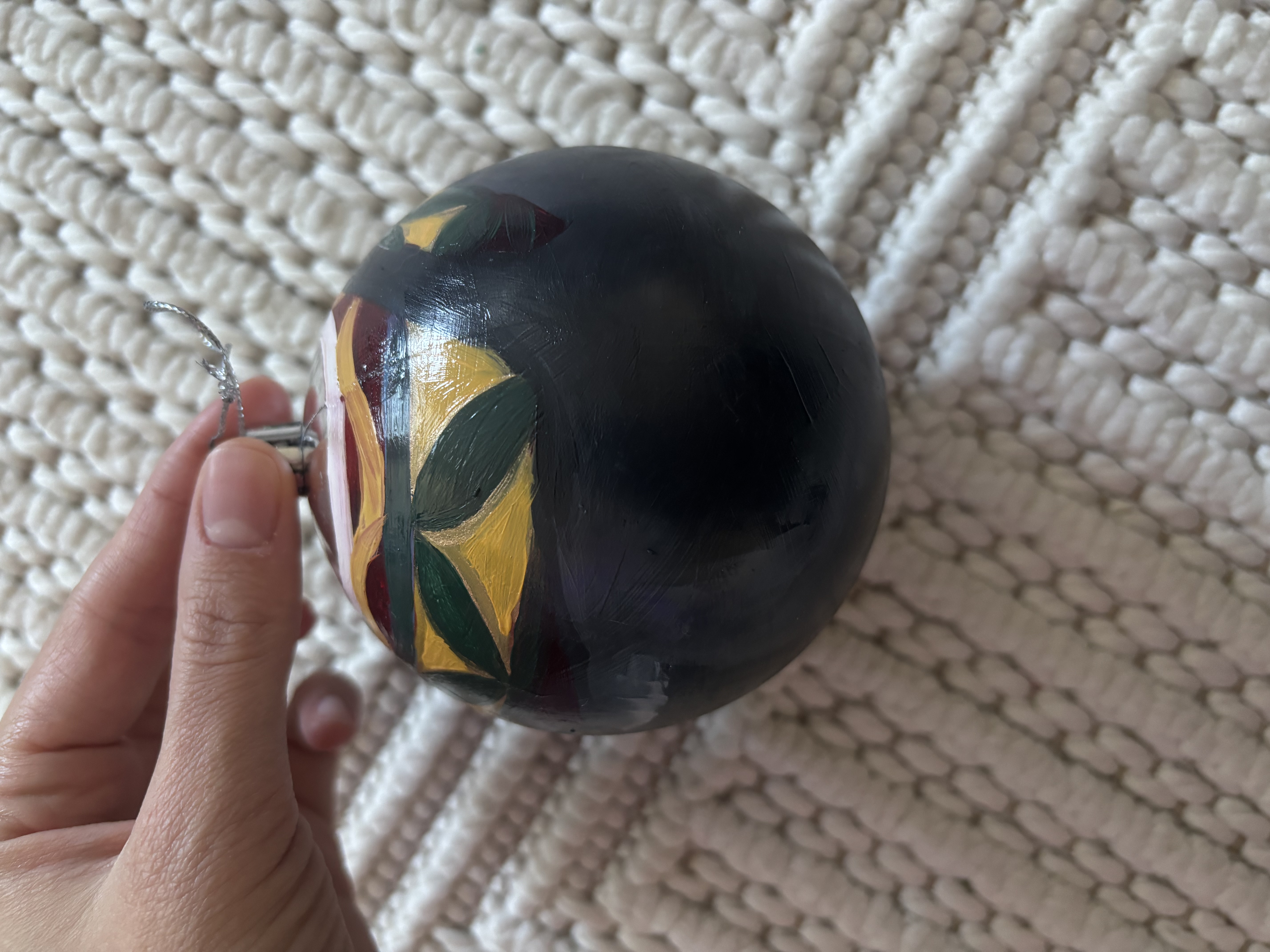 Hand-Painted Christmas Ornament — Black Cat & Holiday Garland (Original Oil, 3.35")