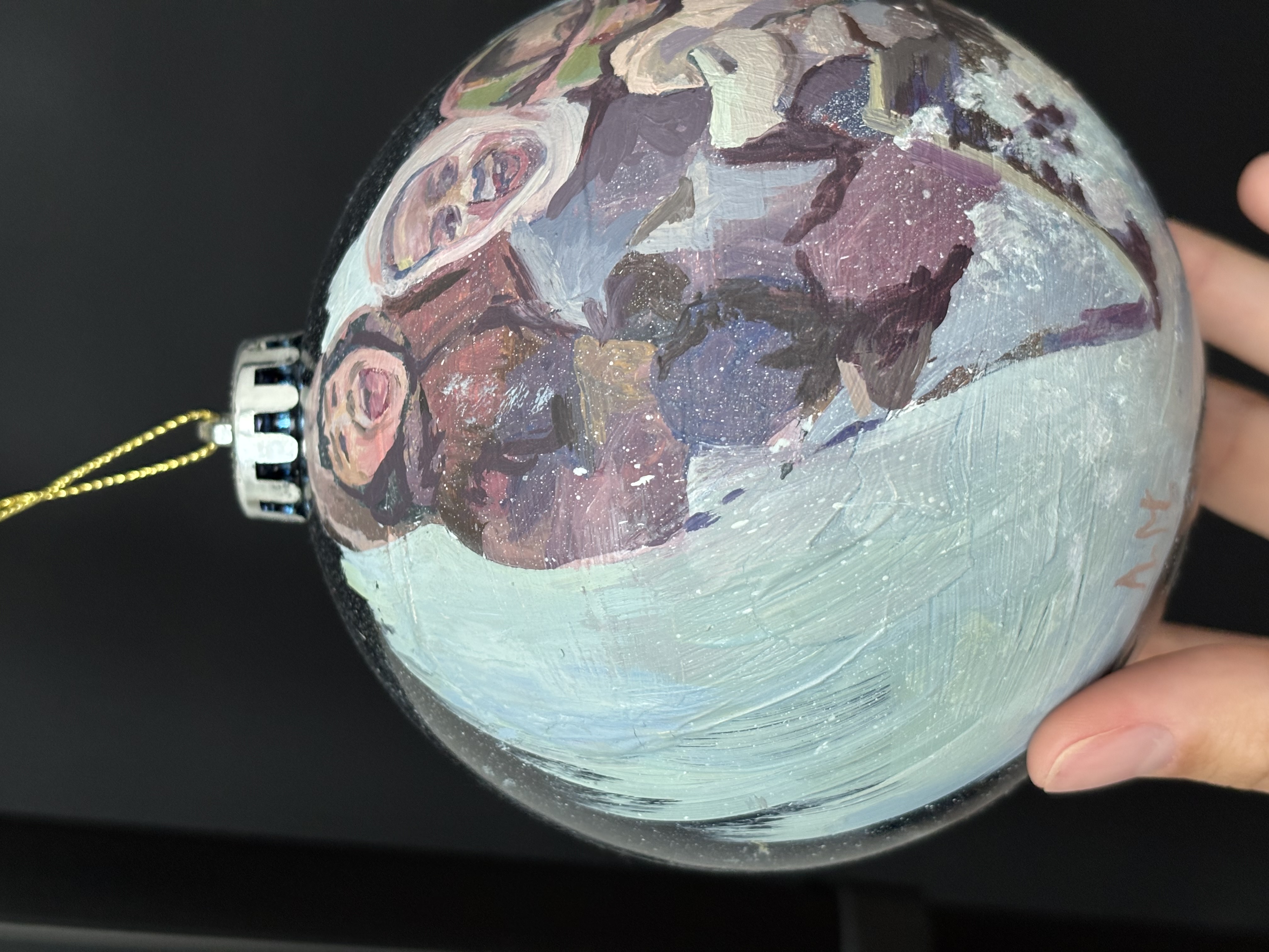 Hand-Painted Christmas Ornament — Children Sledding at Night (Original Oil, 4")