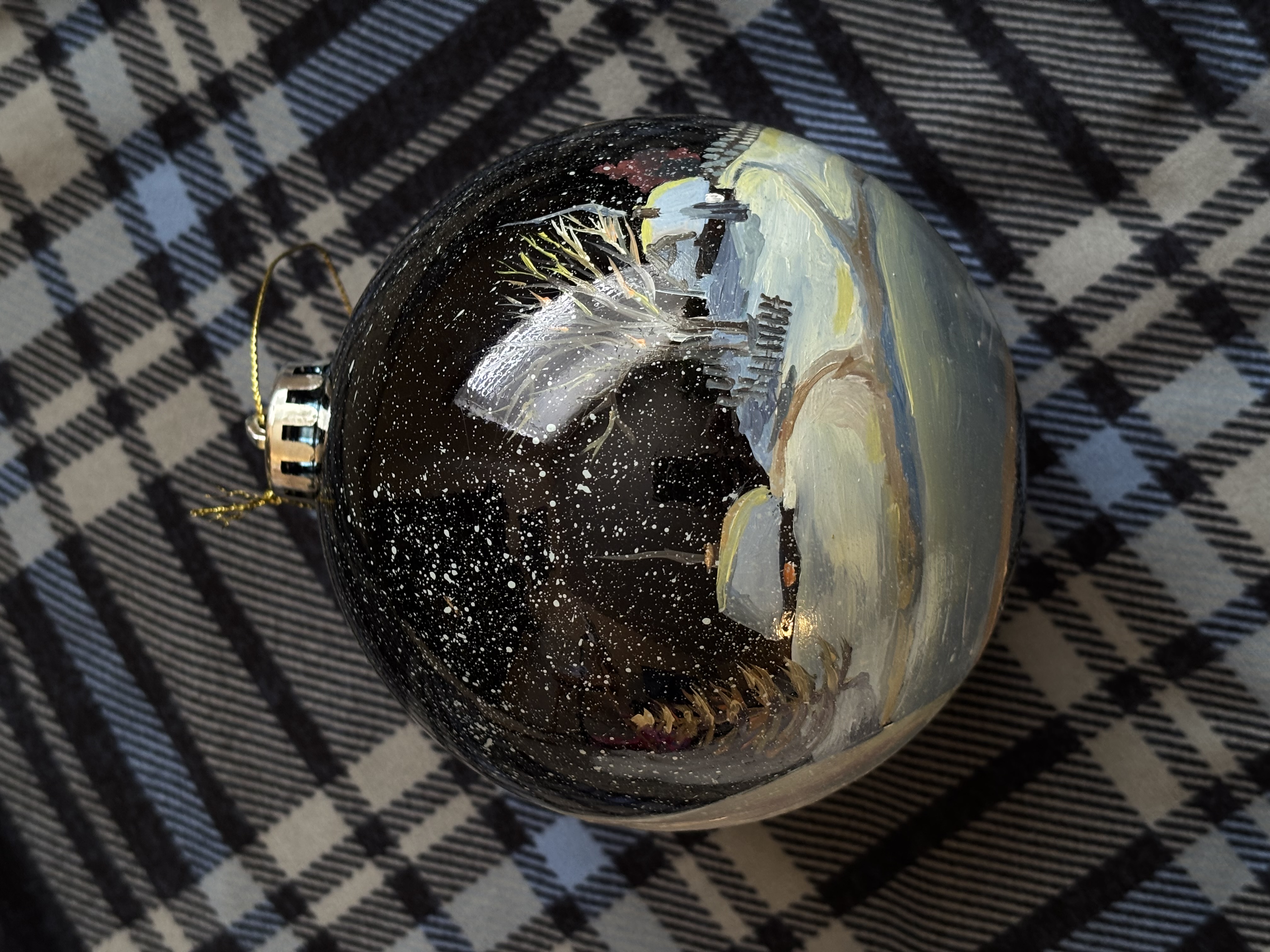 Hand-Painted Christmas Ornament — Owl & Winter Village (Original Oil, 4")