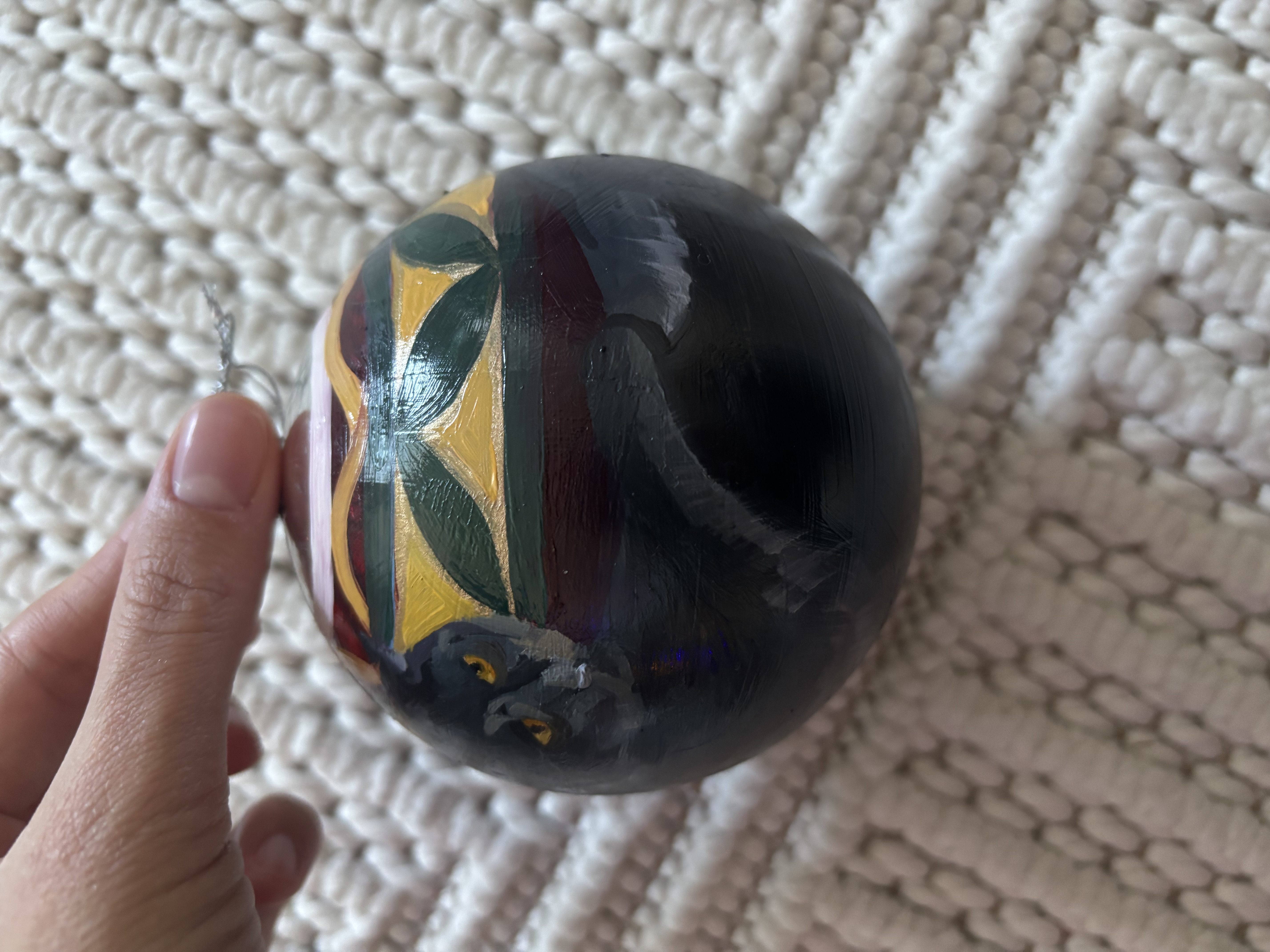 Hand-Painted Christmas Ornament — Black Cat & Holiday Garland (Original Oil, 3.35")