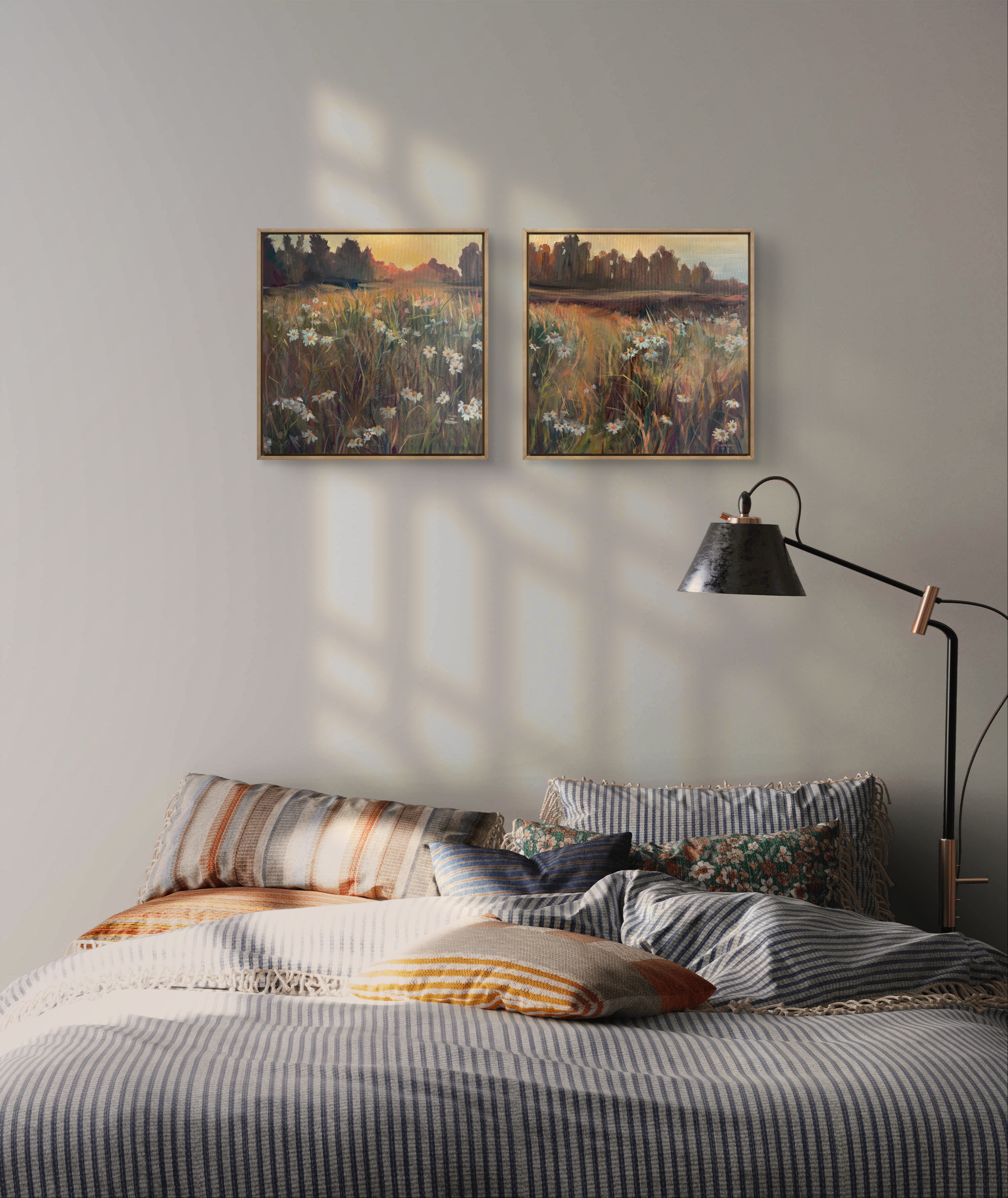 In Quiet Company – Original Oil Diptych of Wild Chamomile Field