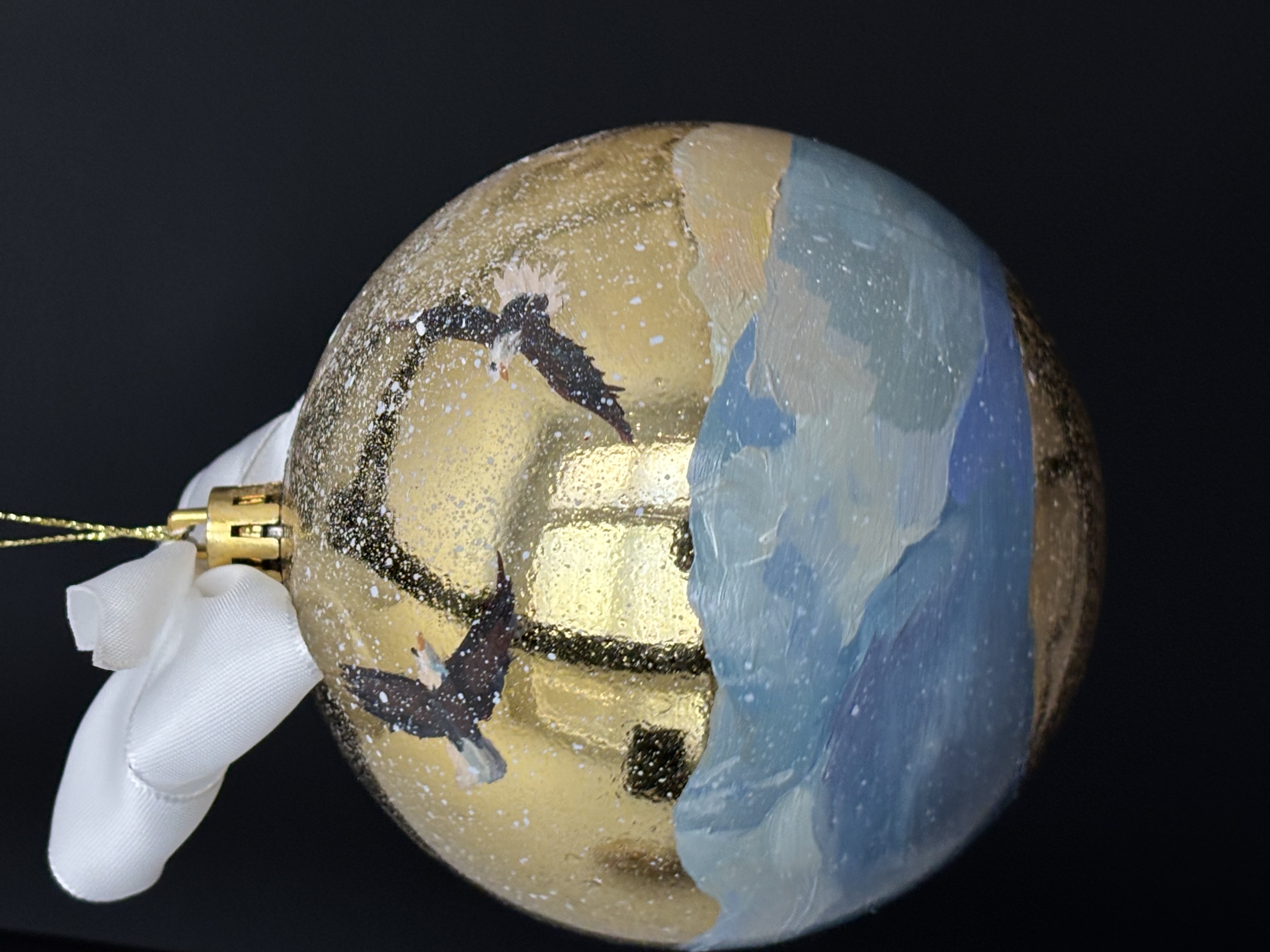 Hand-Painted Christmas Ornament — Eagles in Winter Sky (Original Oil)