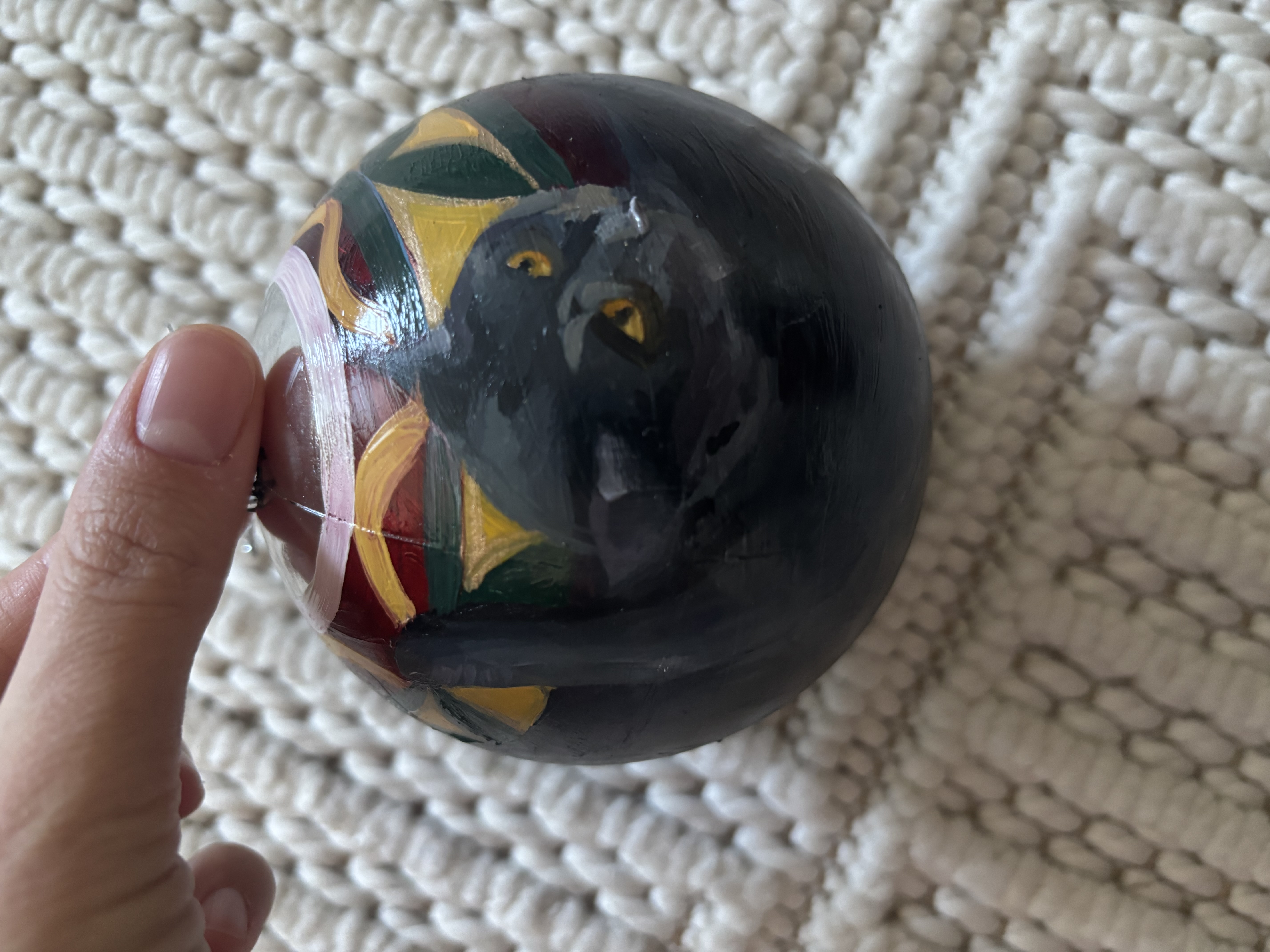 Hand-Painted Christmas Ornament — Black Cat & Holiday Garland (Original Oil, 3.35")