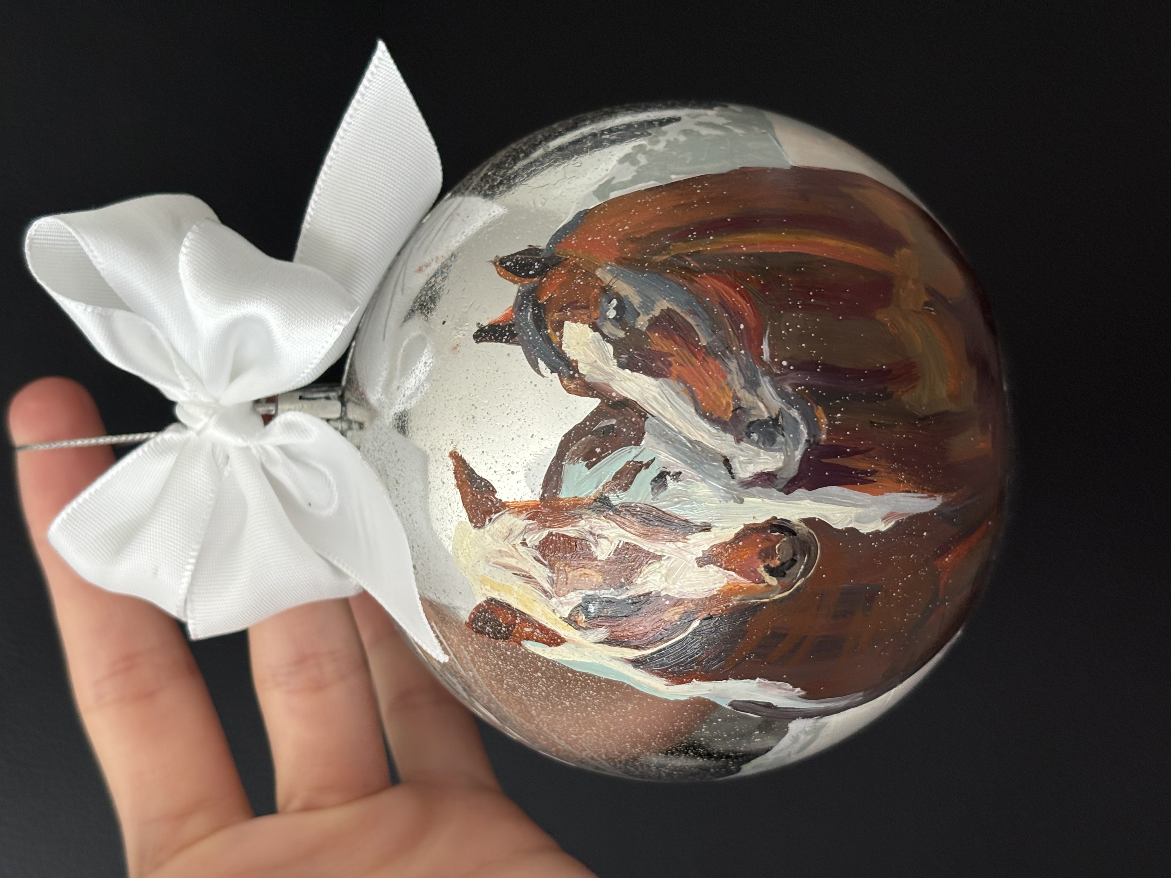 Hand-Painted Christmas Ornament — Winter Horses (Original Oil)