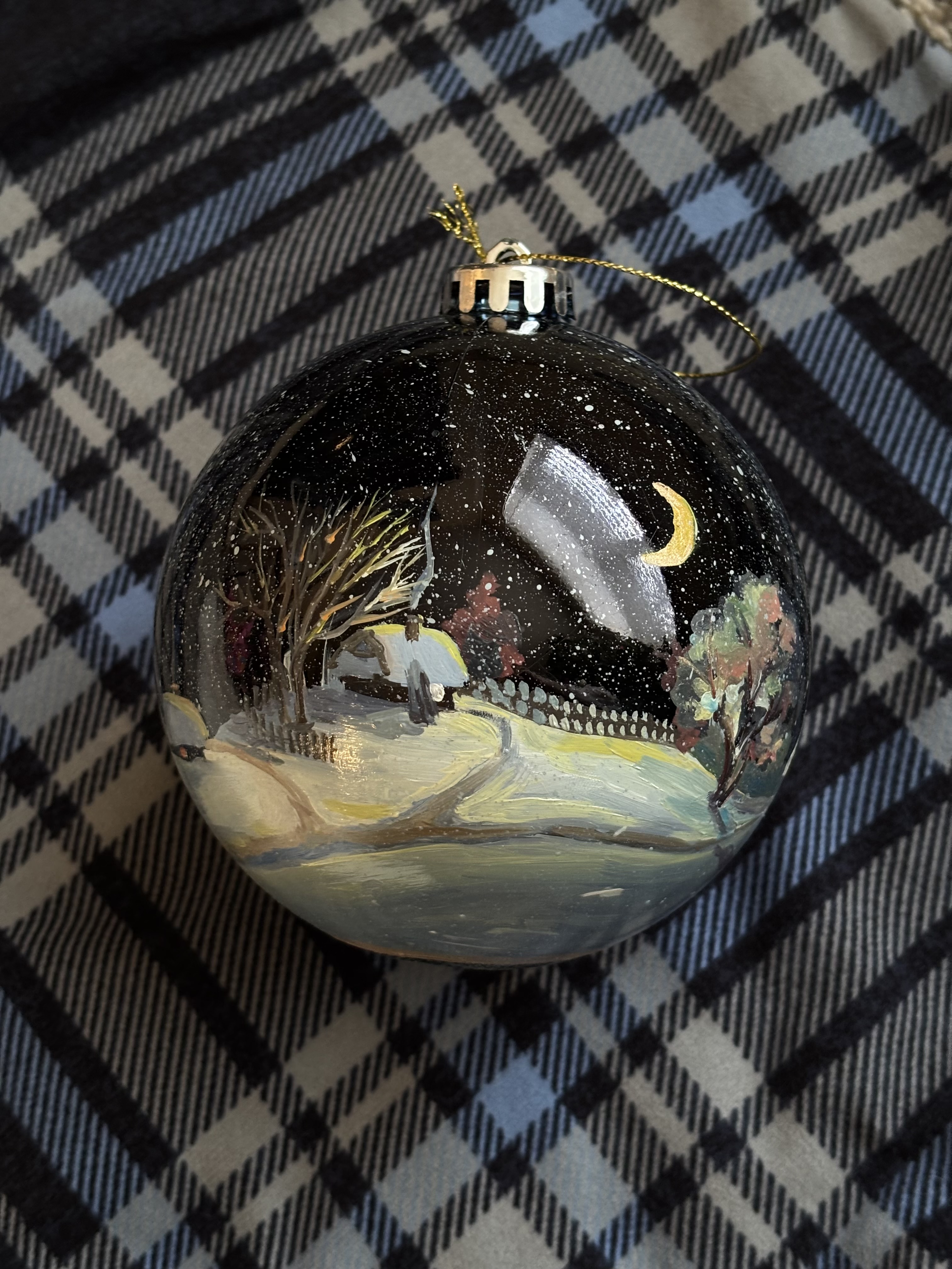 Hand-Painted Christmas Ornament — Owl & Winter Village (Original Oil, 4")