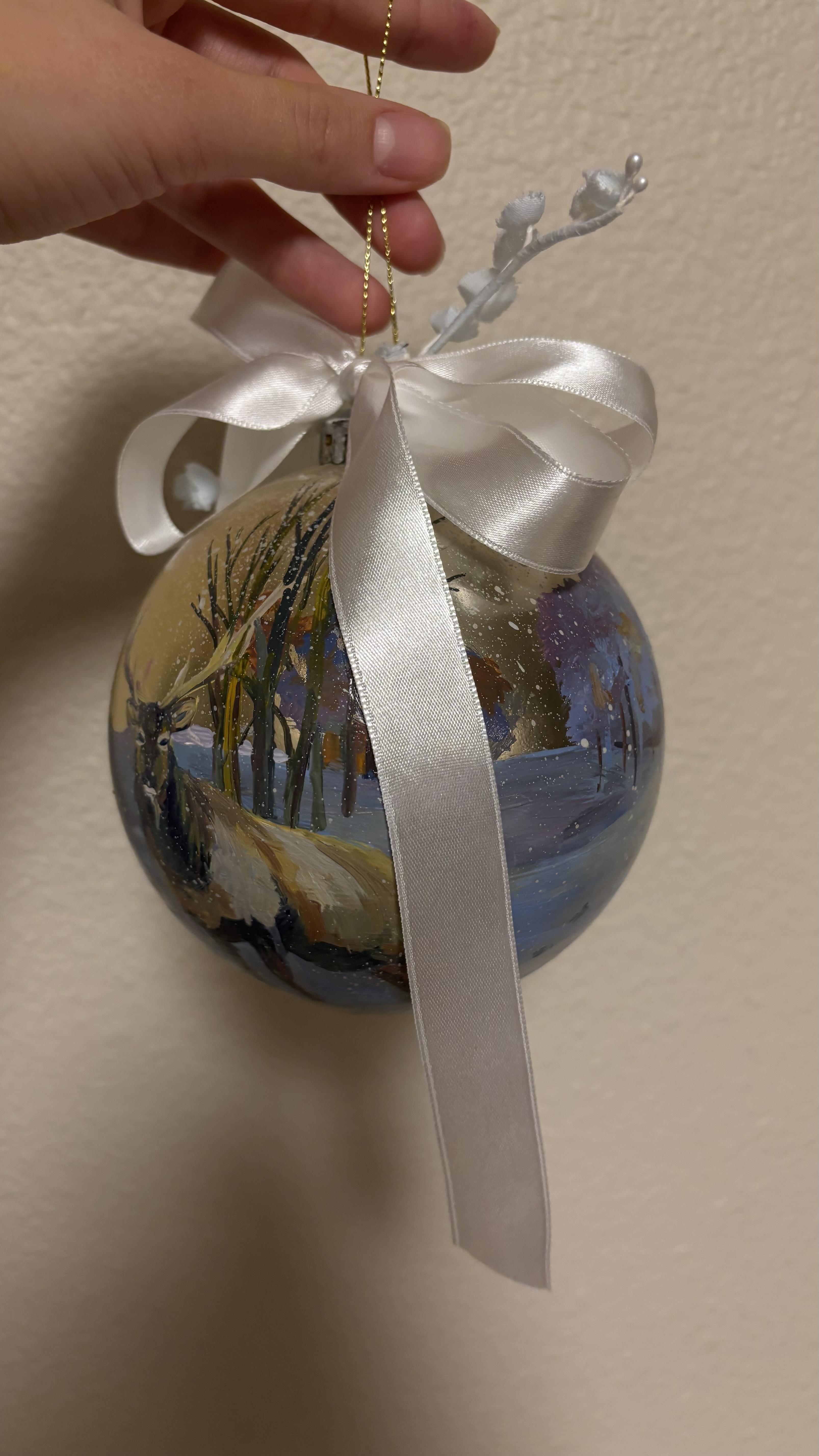 Hand-Painted Christmas Ornament — Winter Forest & Elk (Original Oil, 4")