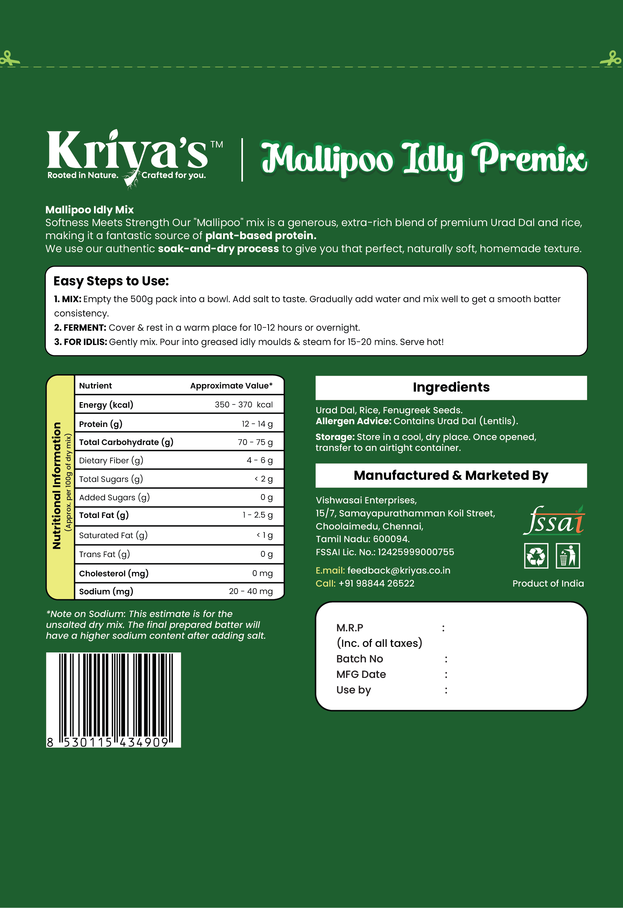 Kriya's Mallipoo Idly Premix