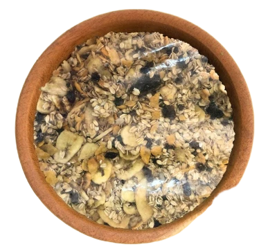 GRANOLA CON CHIP BANANA (copos s/a, avena,mix semilla,almendra,chip banana y miel)