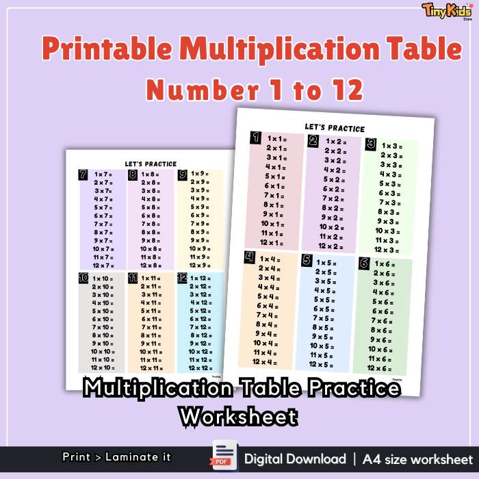Printable Multiplication Table 1 to 12 | Multiplication Flash Card | Multiplication Poster | Multiplication Practice