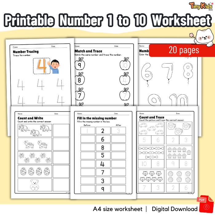 Printable Number 1 to 10 Worksheet | Number Tracing | Number Writing | Number Counting