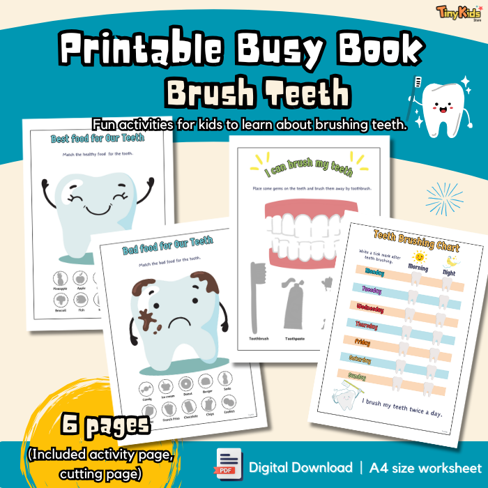 Printable Teeth Brushing Busy Book for Kids | Dental Hygiene, Food Sorting & Daily Brushing Tracker
