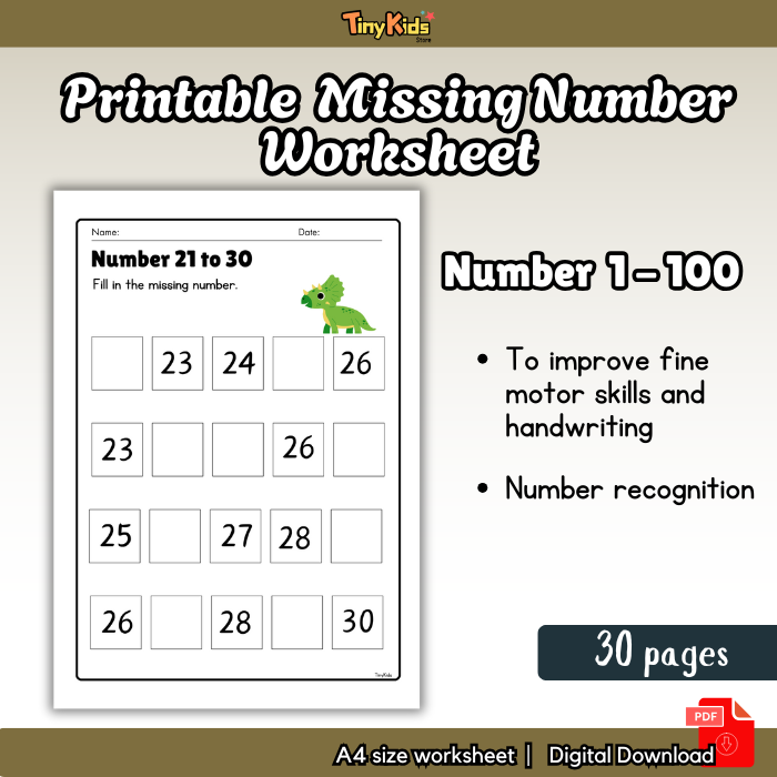 Printable Fill In Missing Number 1- 100 Worksheet for Kids 