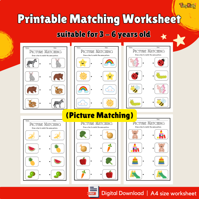 Printable Matching Worksheet – 4-in-1 Activity Pack for Kids