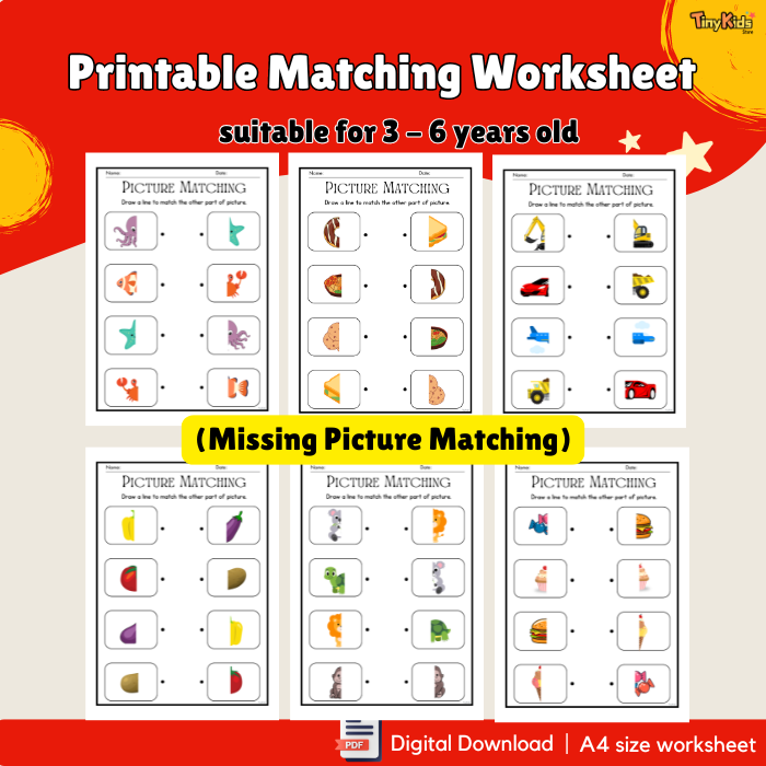 Printable Matching Worksheet – 4-in-1 Activity Pack for Kids