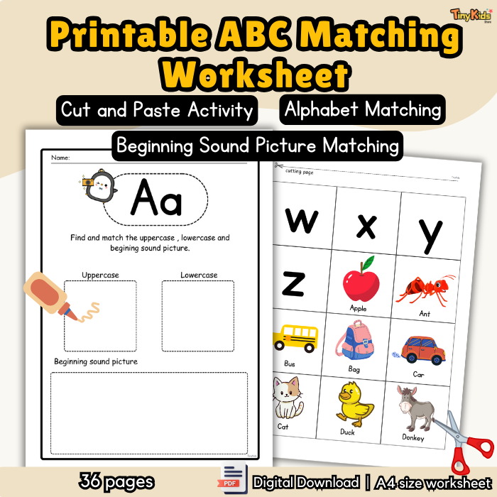 Printable Alphabet Matching Cut-and-Paste Worksheet – Uppercase, Lowercase and Beginning Sounds