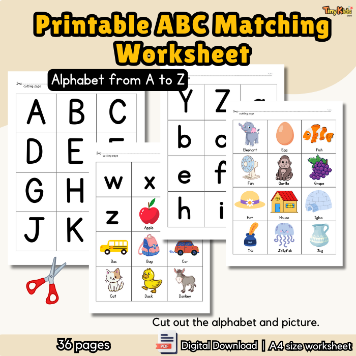 Printable Alphabet Matching Cut-and-Paste Worksheet – Uppercase, Lowercase and Beginning Sounds