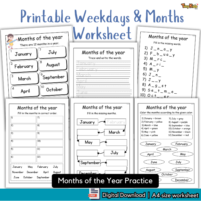 Printable Weekdays and Months Name Practice Worksheet | Weekdays Name | Months Name