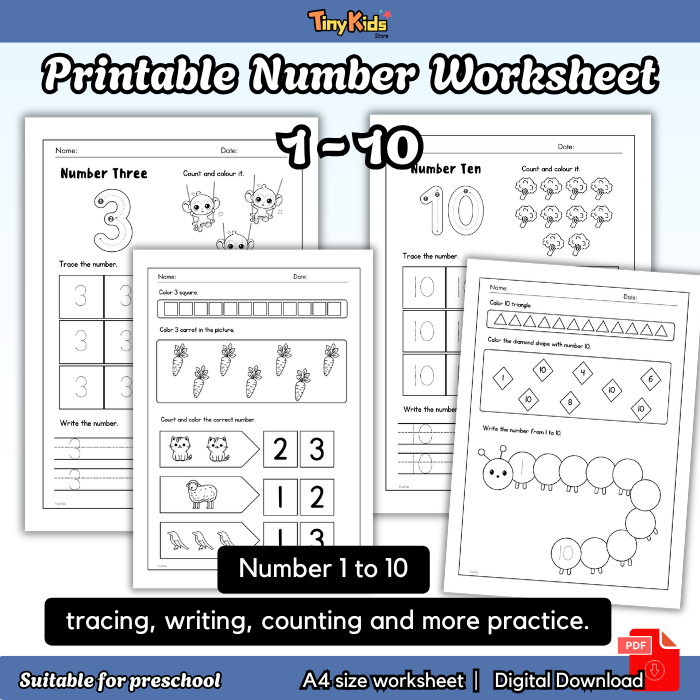 Printable Number 1 to 10 Practice Worksheet | Tracing, Writing, Counting
