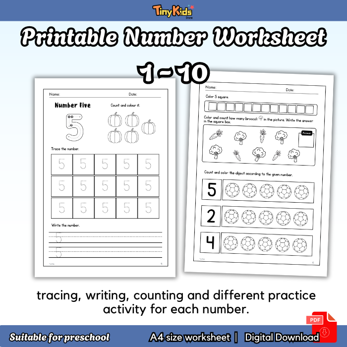 Printable Number 1 to 10 Practice Worksheet | Tracing, Writing, Counting