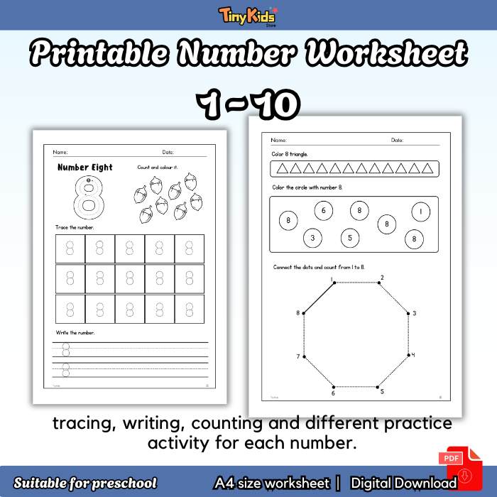 Printable Number 1 to 10 Practice Worksheet | Tracing, Writing, Counting