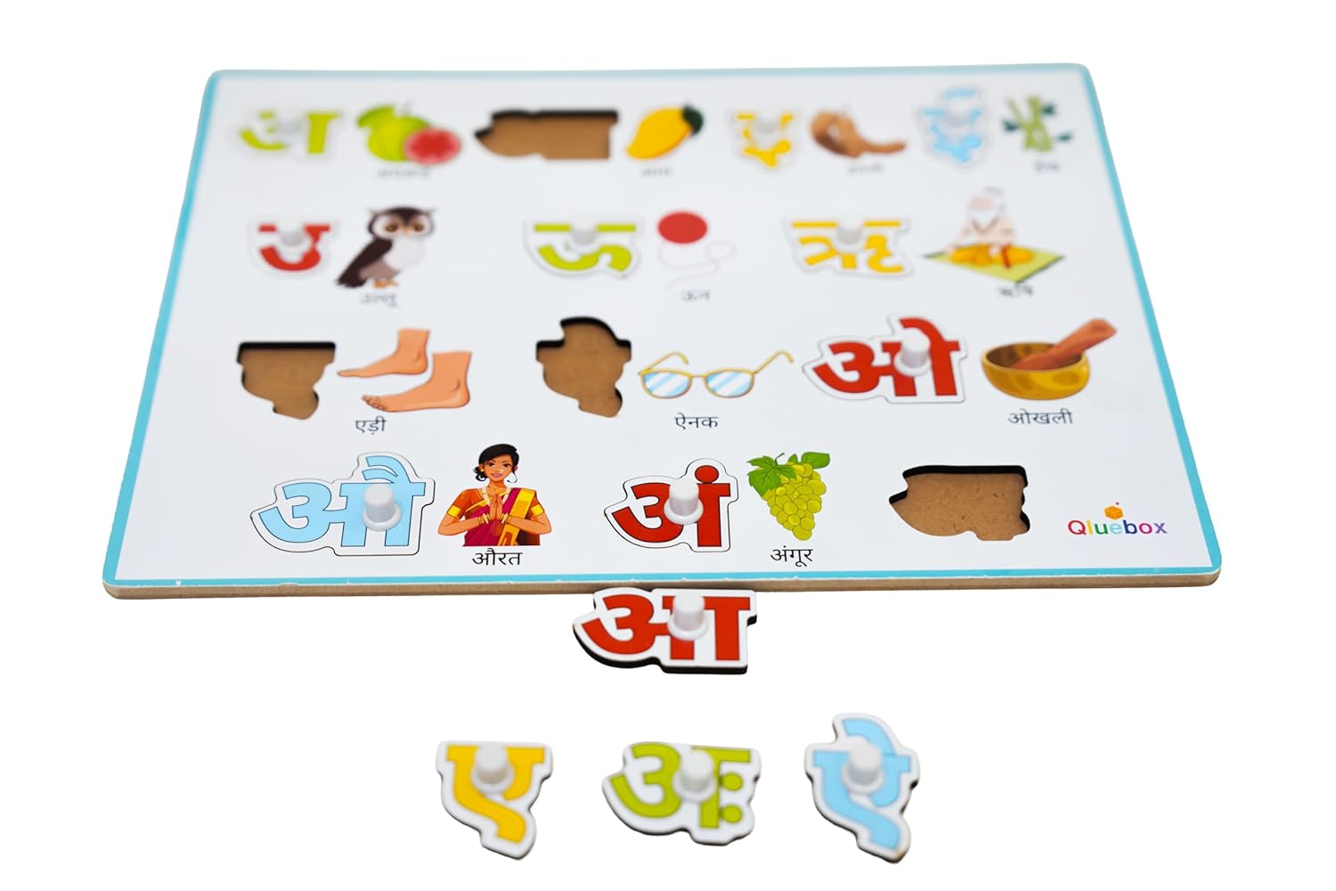 QlueBox Hindi Vowel Wooden Tray with Knobs 