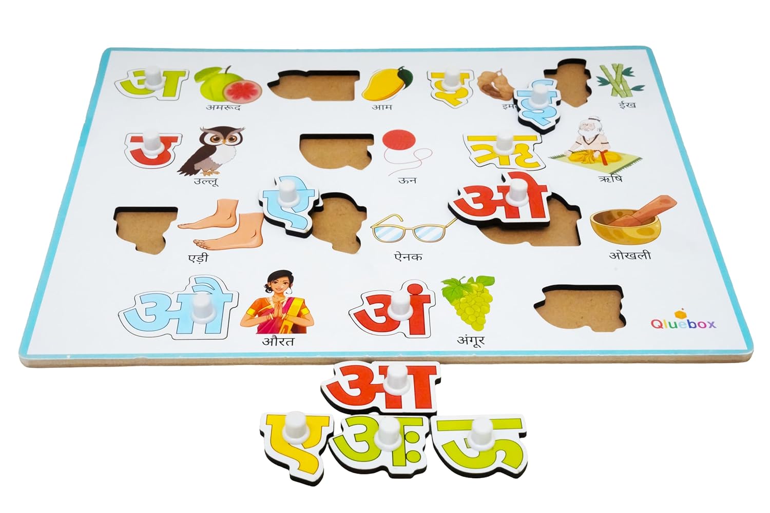 QlueBox Hindi Vowel Wooden Tray with Knobs 