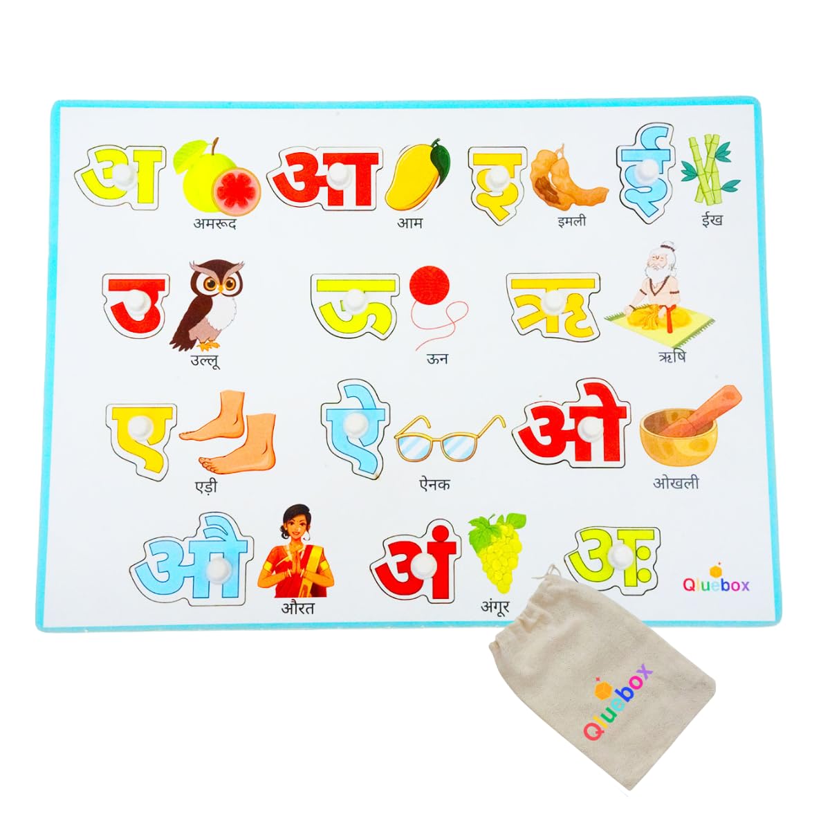 QlueBox Hindi Vowel Wooden Tray with Knobs 