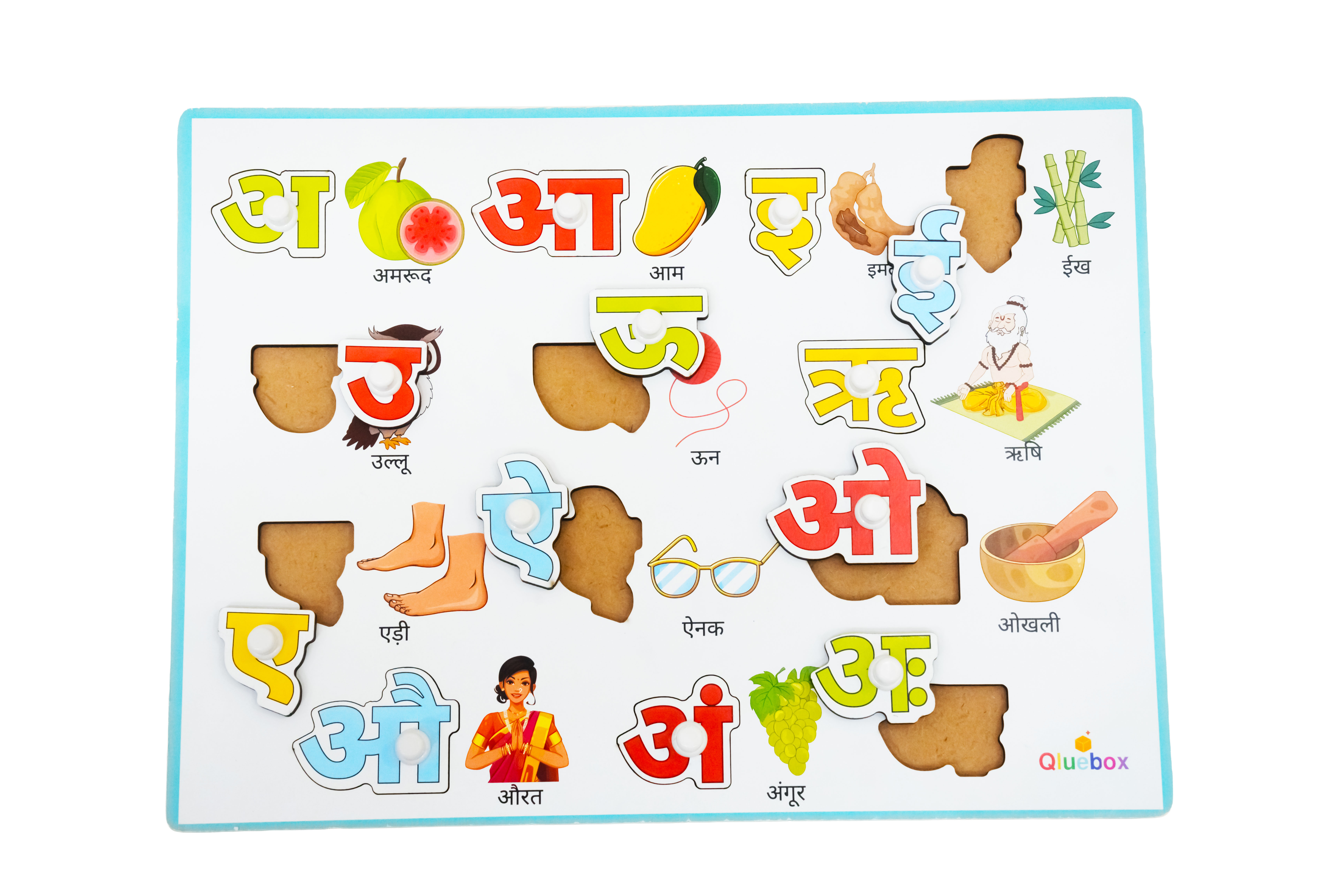 QlueBox Hindi Vowel Wooden Tray with Knobs 
