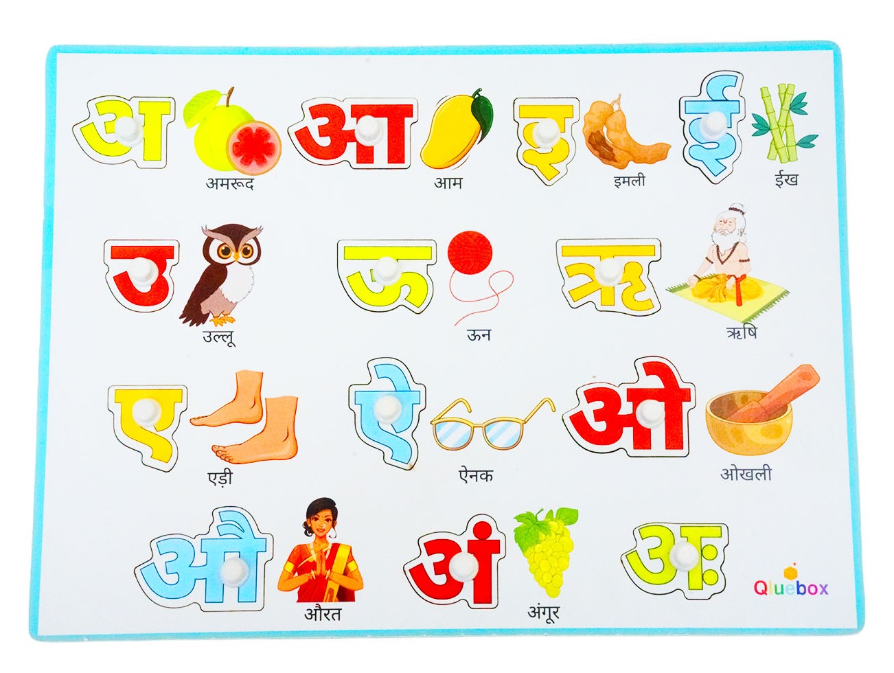 QlueBox Hindi Vowel Wooden Tray with Knobs