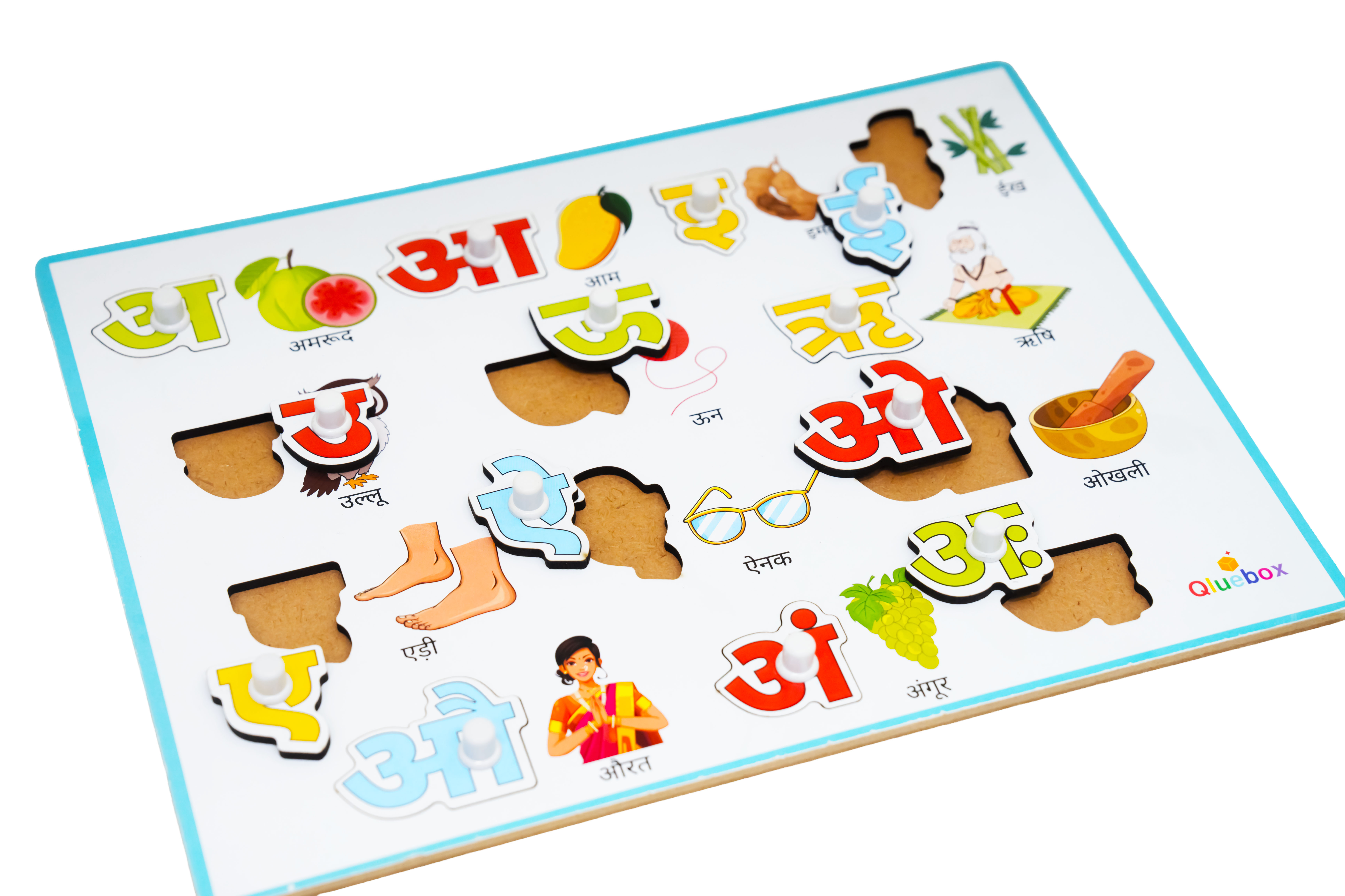 QlueBox Hindi Vowel Wooden Tray with Knobs 