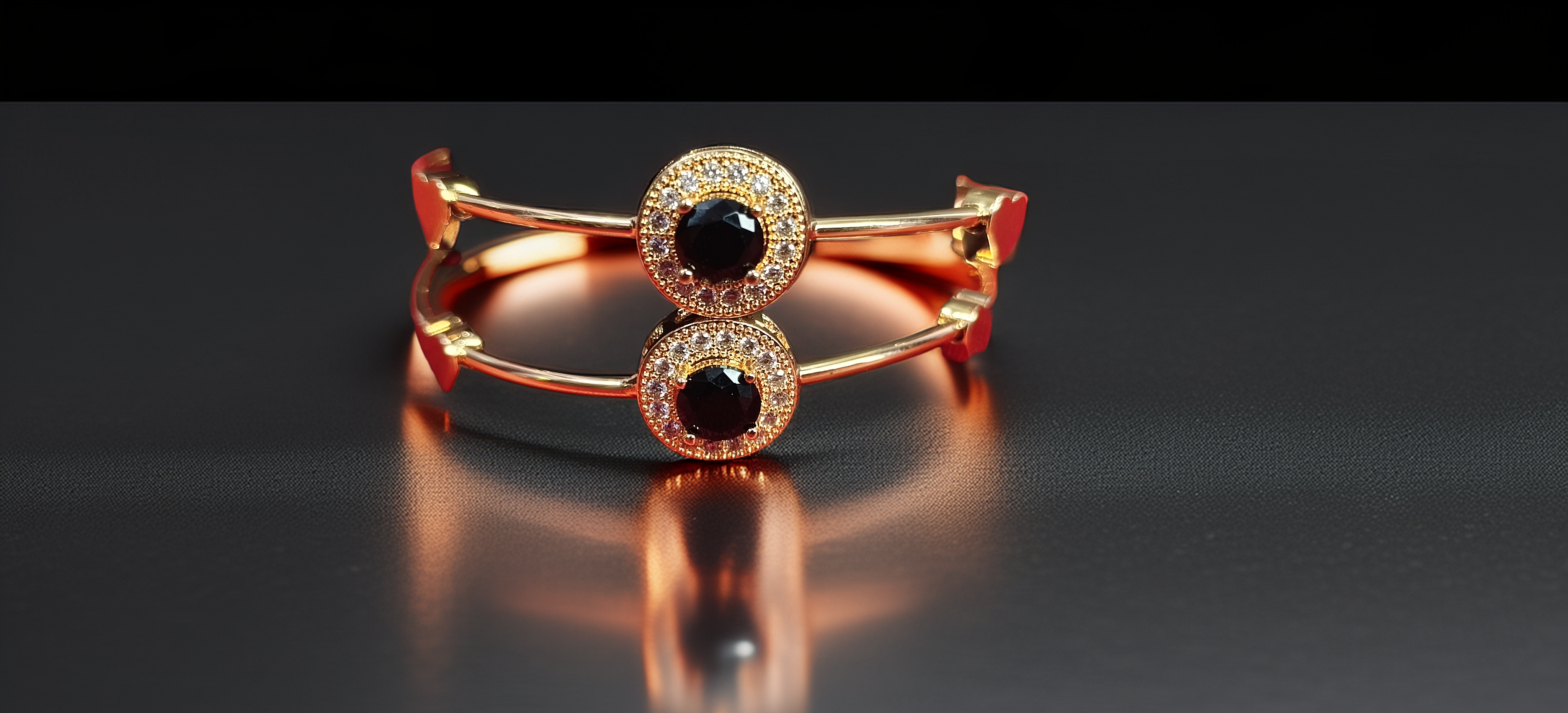 Pair of Statement Gold Plated Black Stone Cuff Bracelet for Women | AD Halo Kada | Bold Party Wear Jewellery (1055)