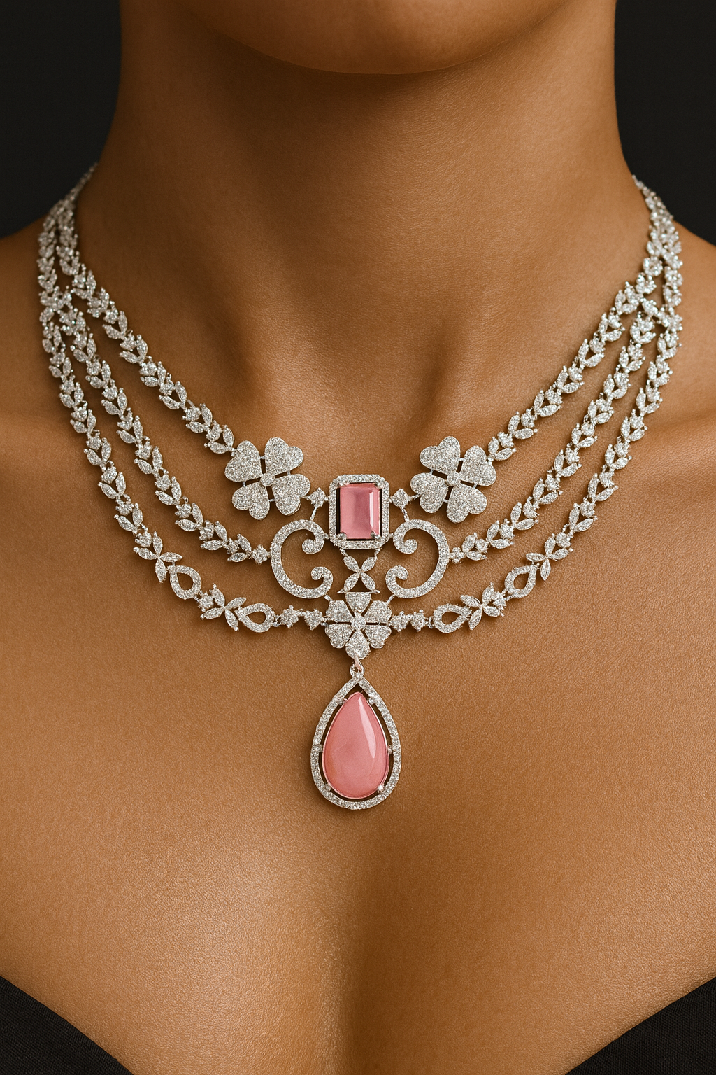 Layered Silver AD Necklace Set – Bold Traditional Design (1012)