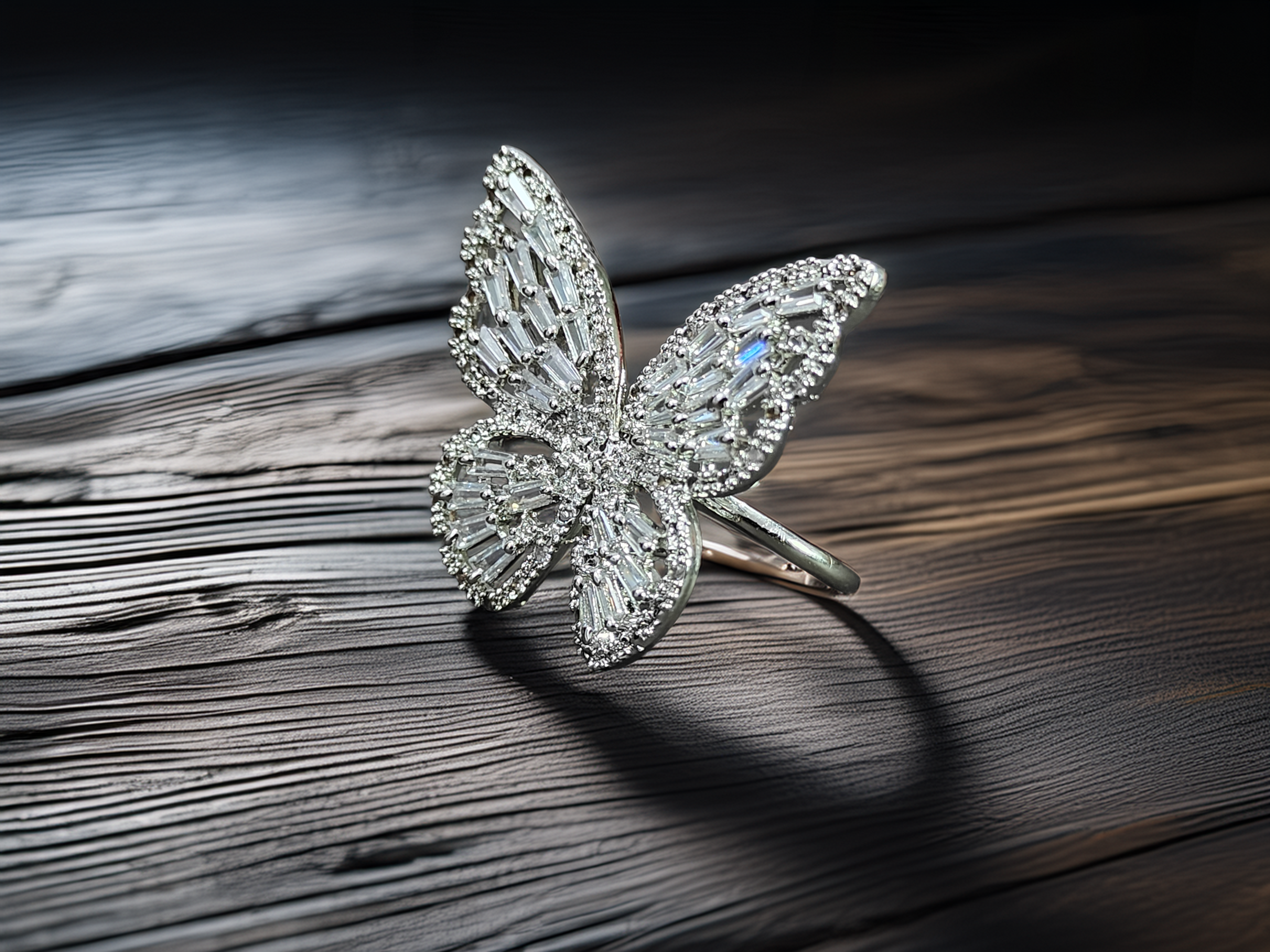 Crystal Silver Butterfly Adjustable Ring | American Diamond Shine