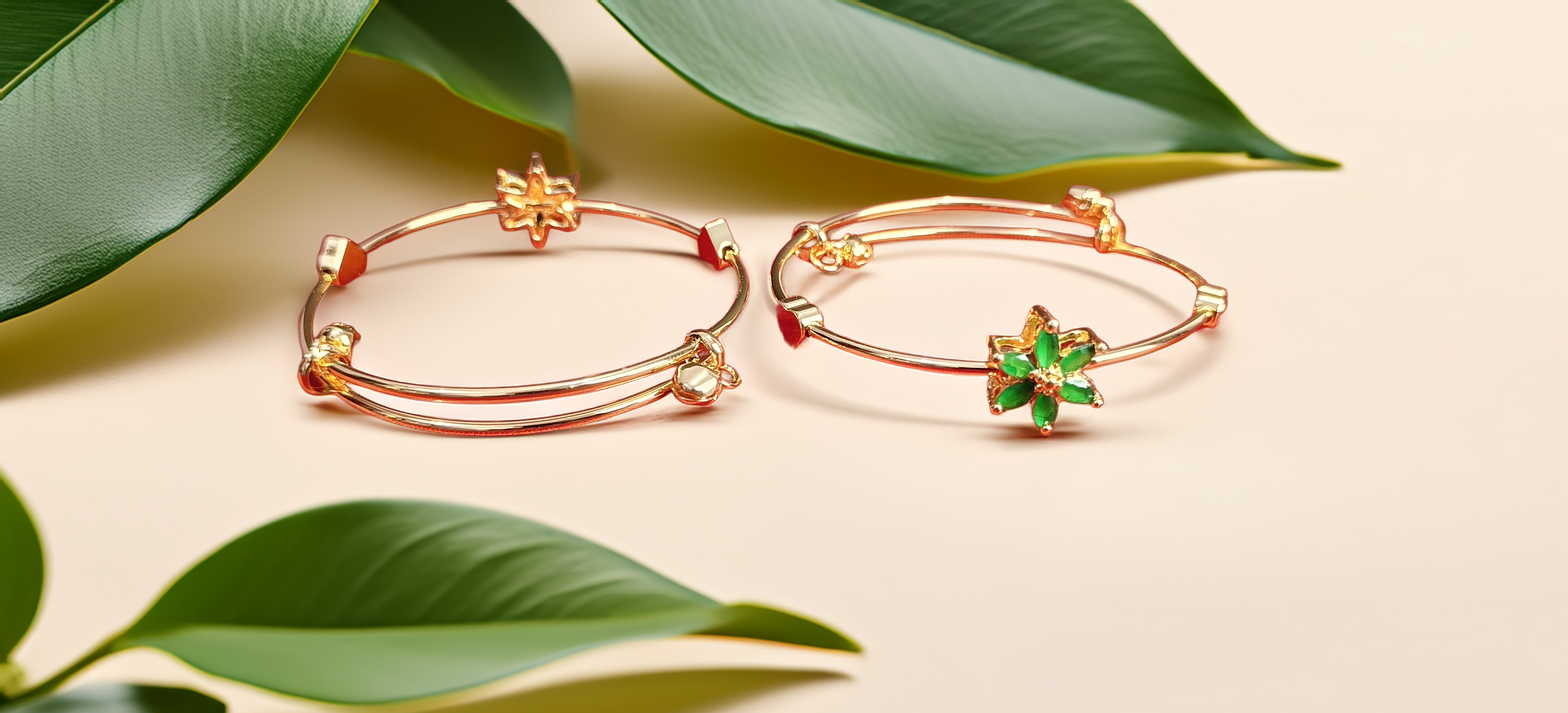 Pair of Gold Plated Adjustable Flower Bracelet for Women | Green Stone Kada | Party & Festive Wear (1055)