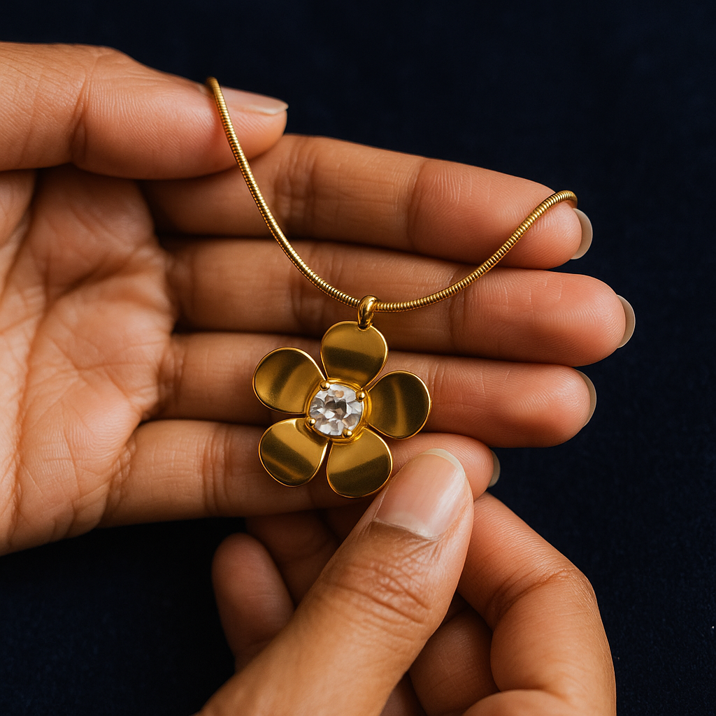 Golden Blossom Crystal Pendant – Anti-Tarnish Finish