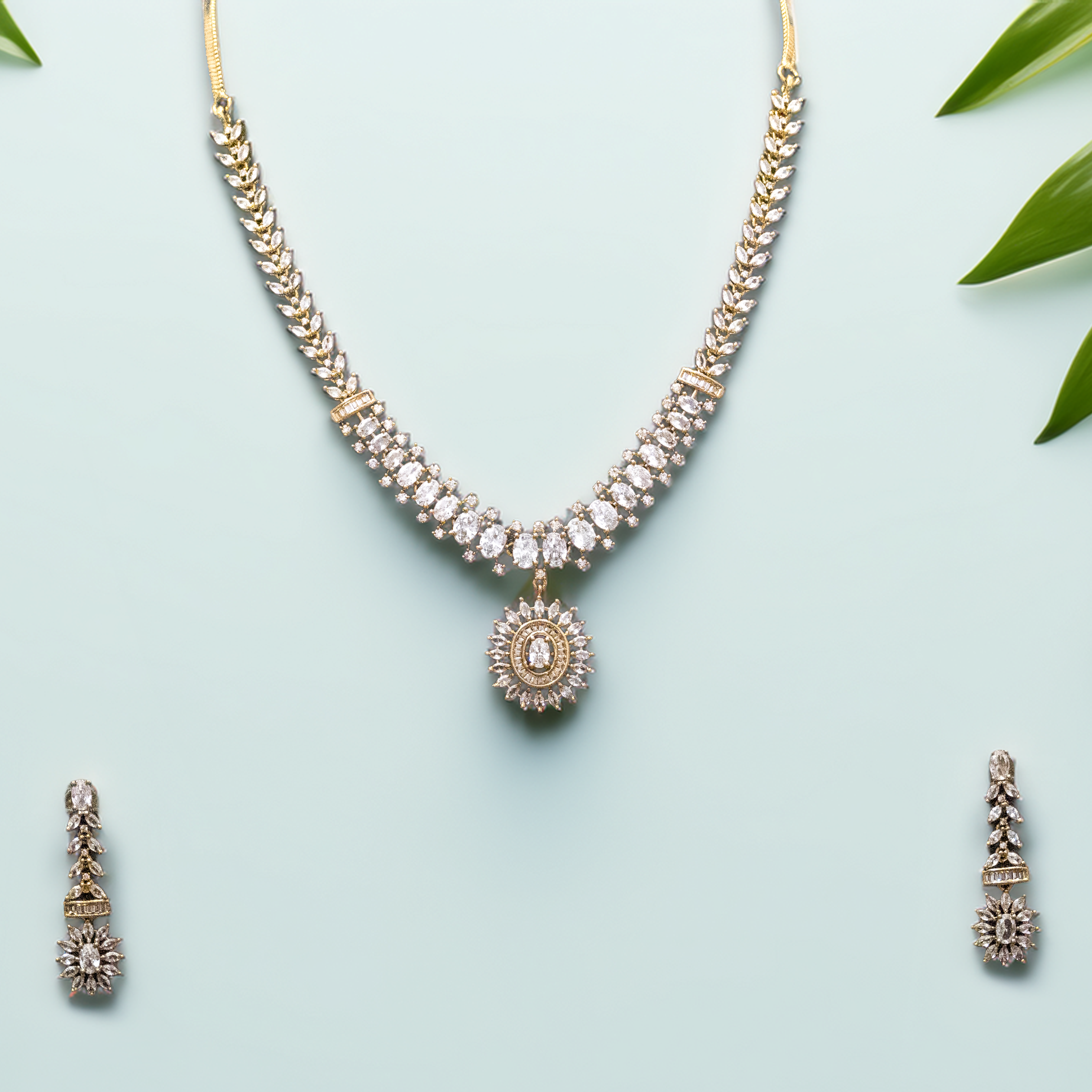 Antique Finish Brass AD Necklace Set – Timeless Beauty (1028)