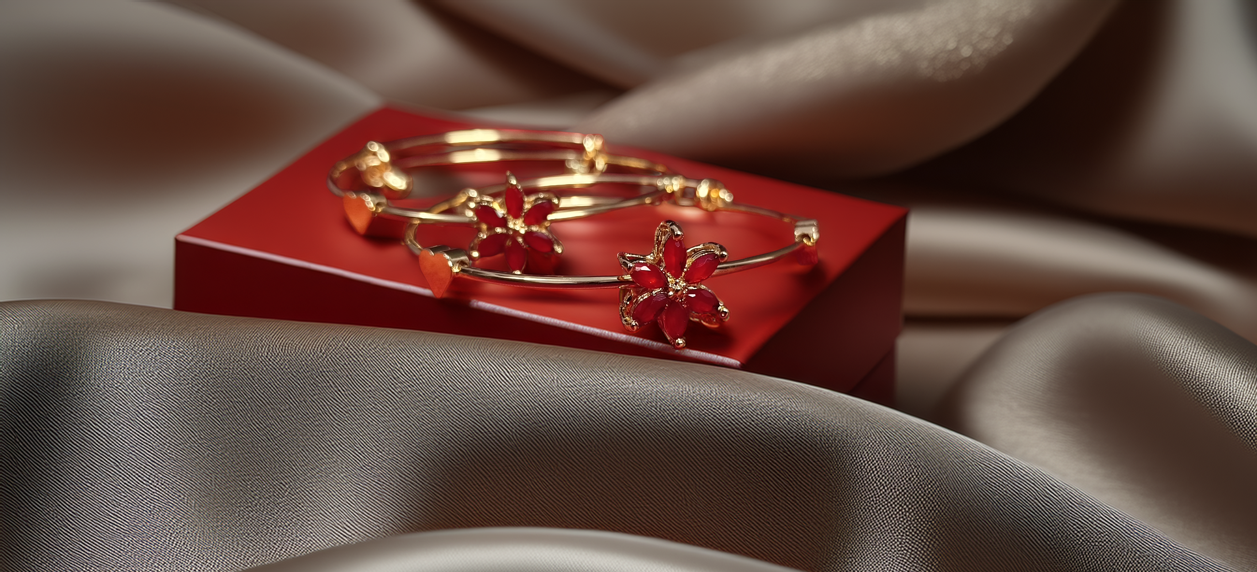 Pair of Gold Plated Adjustable Flower Bracelet for Women | Red Stone Kada | Party & Festive Wear  (1055)