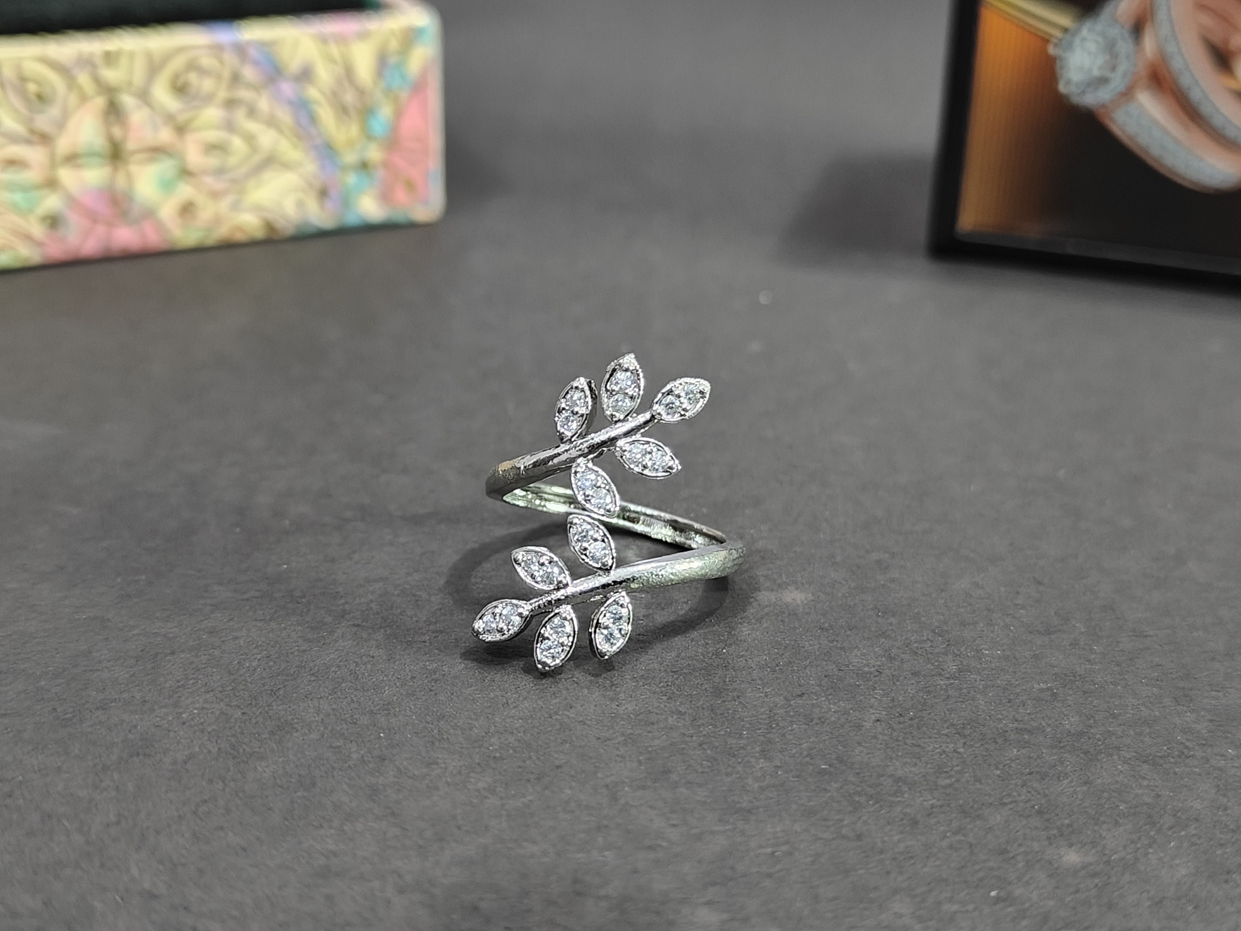 Elegant Leaf-Inspired American Diamond Ring (1035)