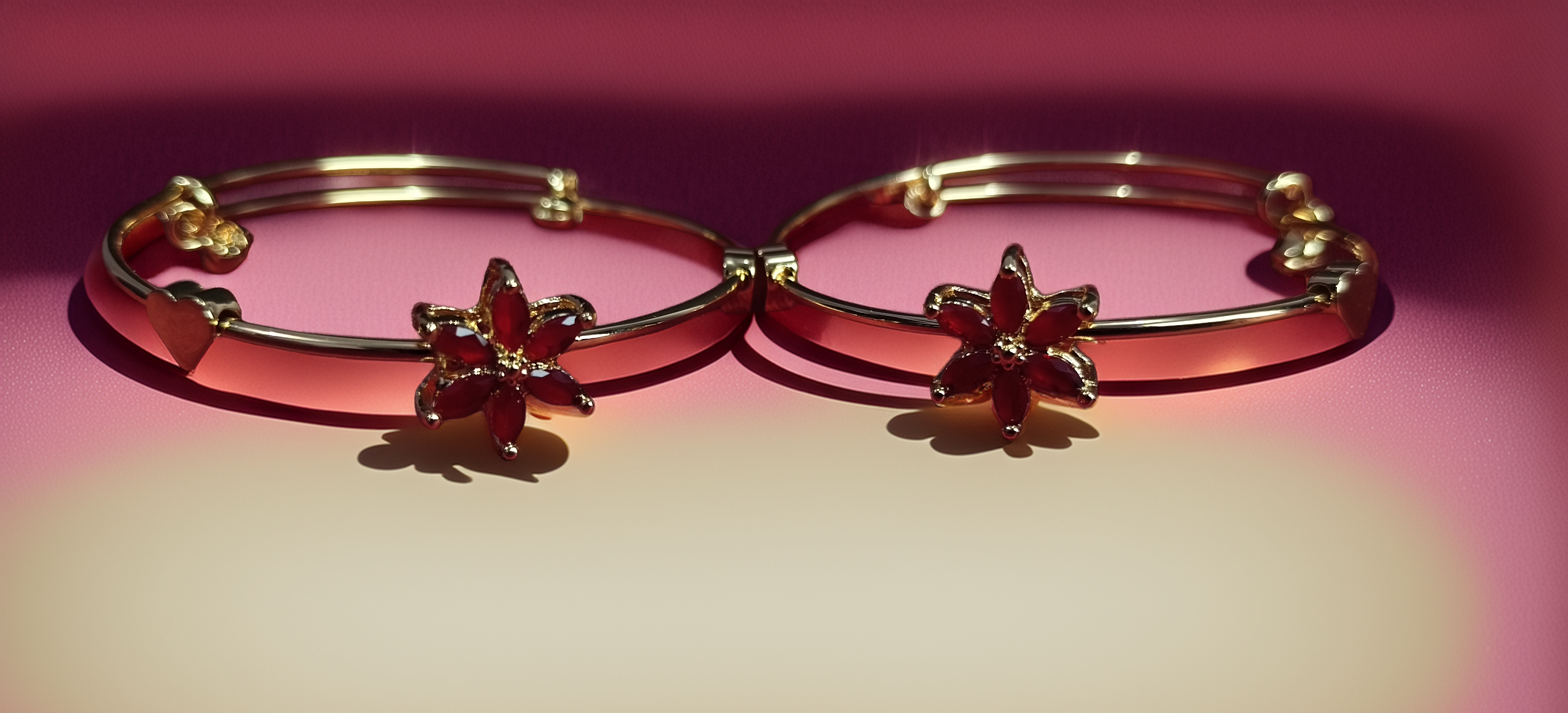 Pair of Gold Plated Adjustable Flower Bracelet for Women | Red Stone Kada | Party & Festive Wear  (1055)