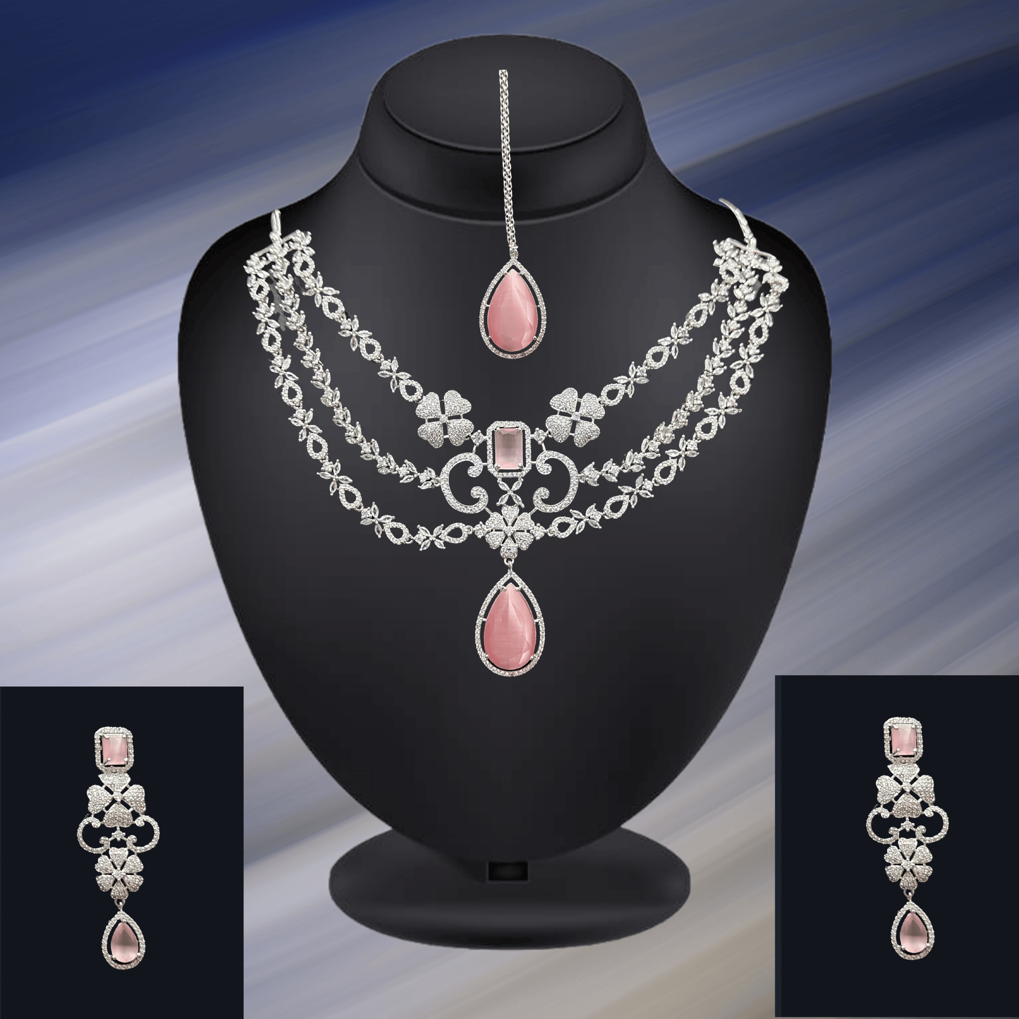 Layered Silver AD Necklace Set – Bold Traditional Design (1012)