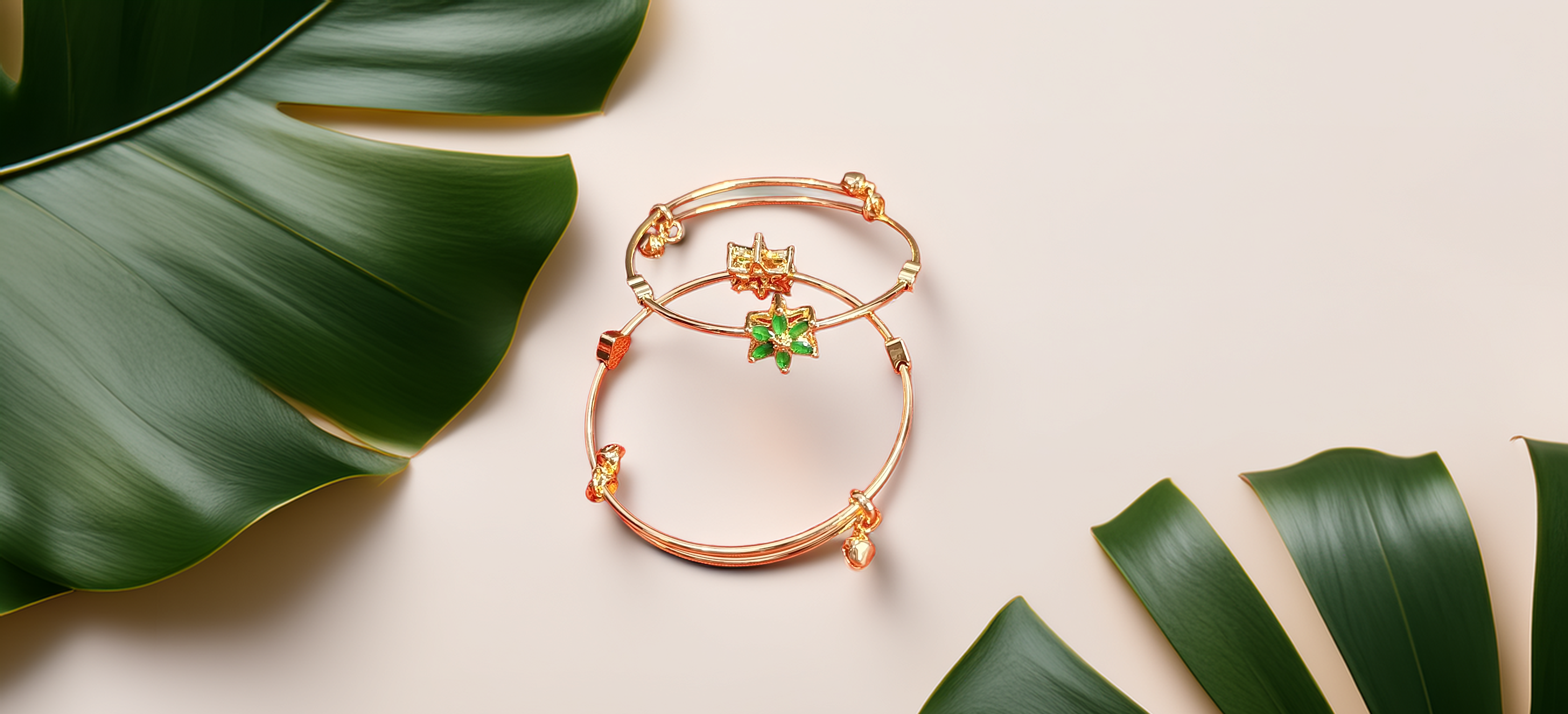 Pair of Gold Plated Adjustable Flower Bracelet for Women | Green Stone Kada | Party & Festive Wear (1055)