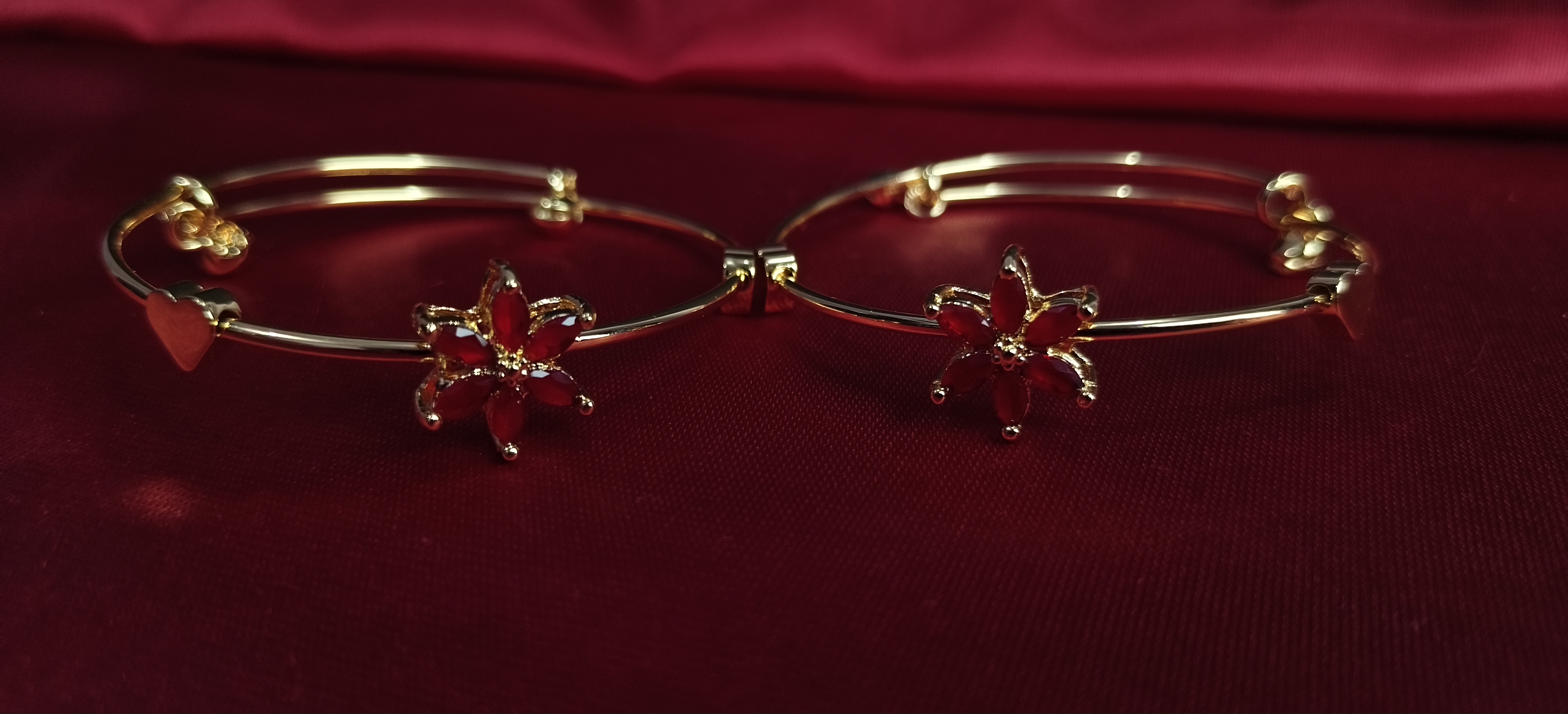 Pair of Gold Plated Adjustable Flower Bracelet for Women | Red Stone Kada | Party & Festive Wear  (1055)