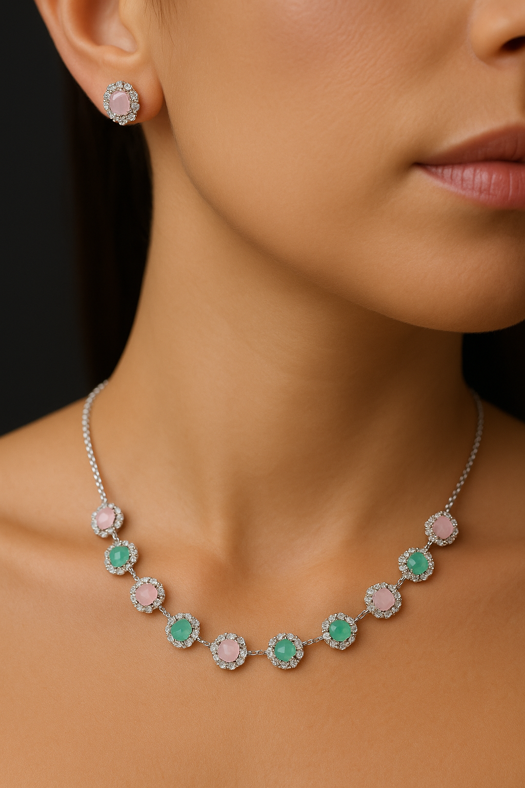 Elegant Silver AD Necklace Set for Office Wear (1068)