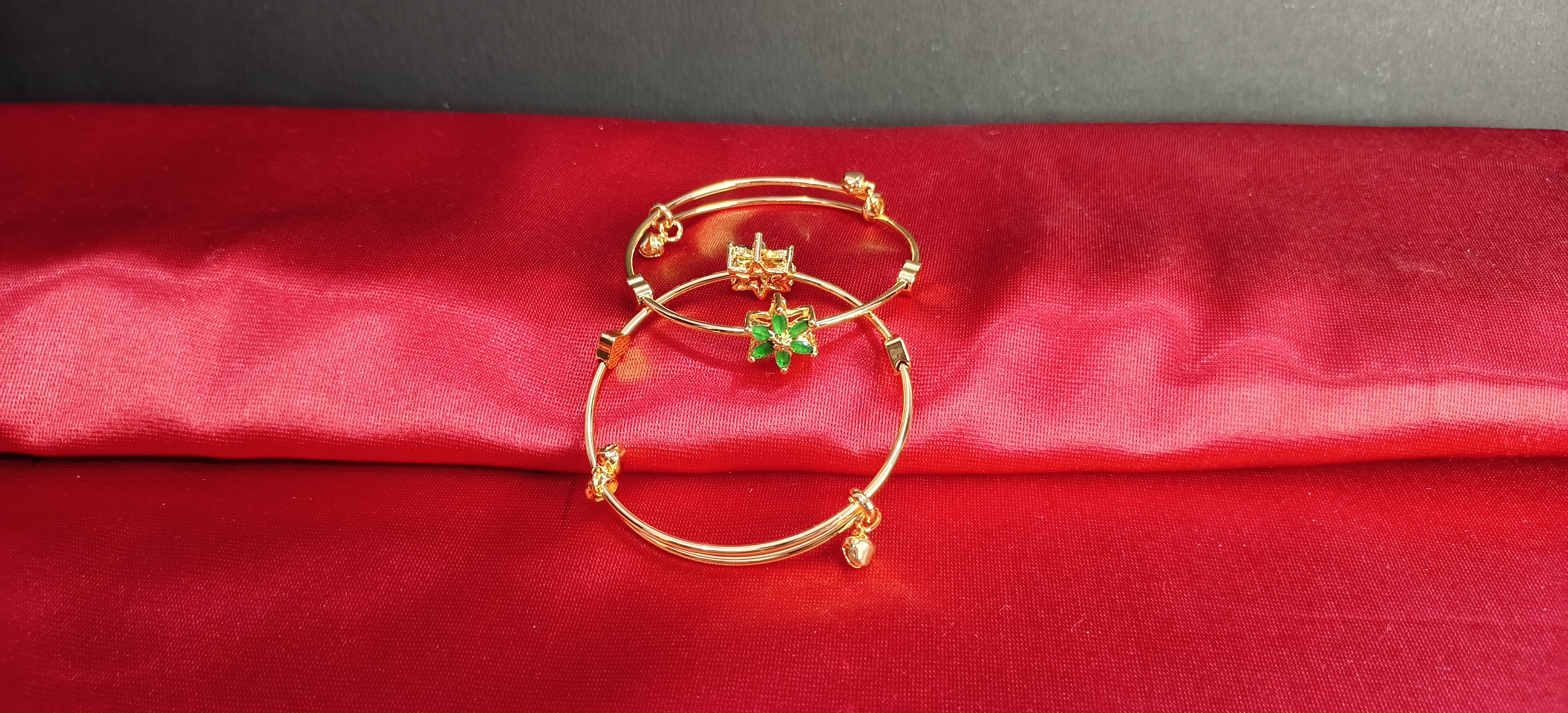 Pair of Gold Plated Adjustable Flower Bracelet for Women | Green Stone Kada | Party & Festive Wear (1055)