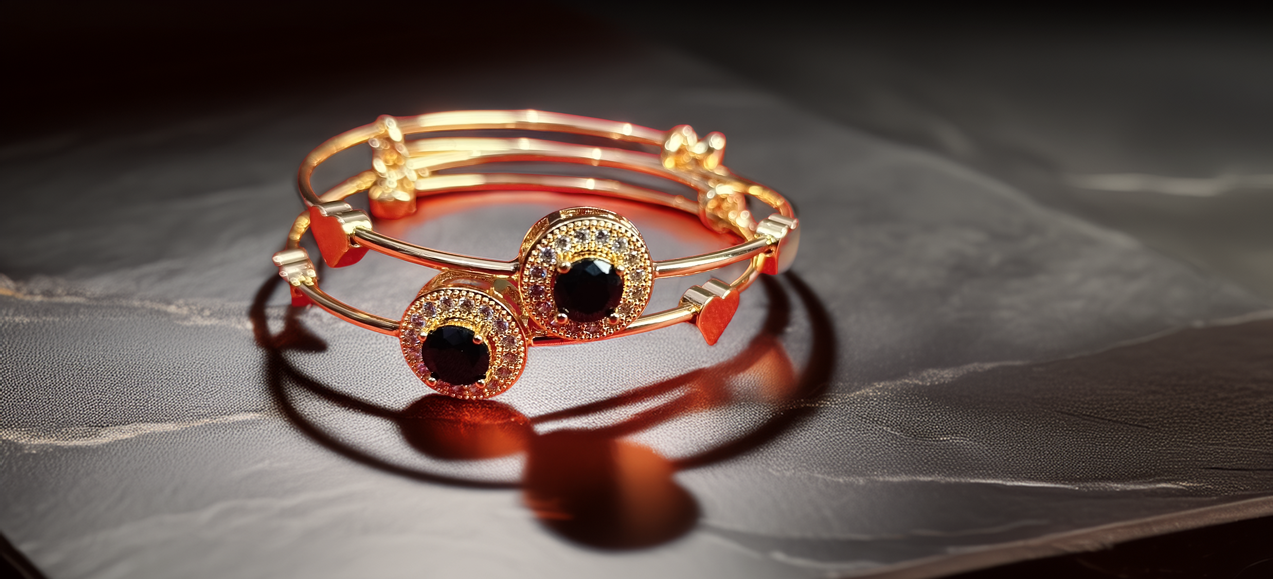 Pair of Statement Gold Plated Black Stone Cuff Bracelet for Women | AD Halo Kada | Bold Party Wear Jewellery (1055)